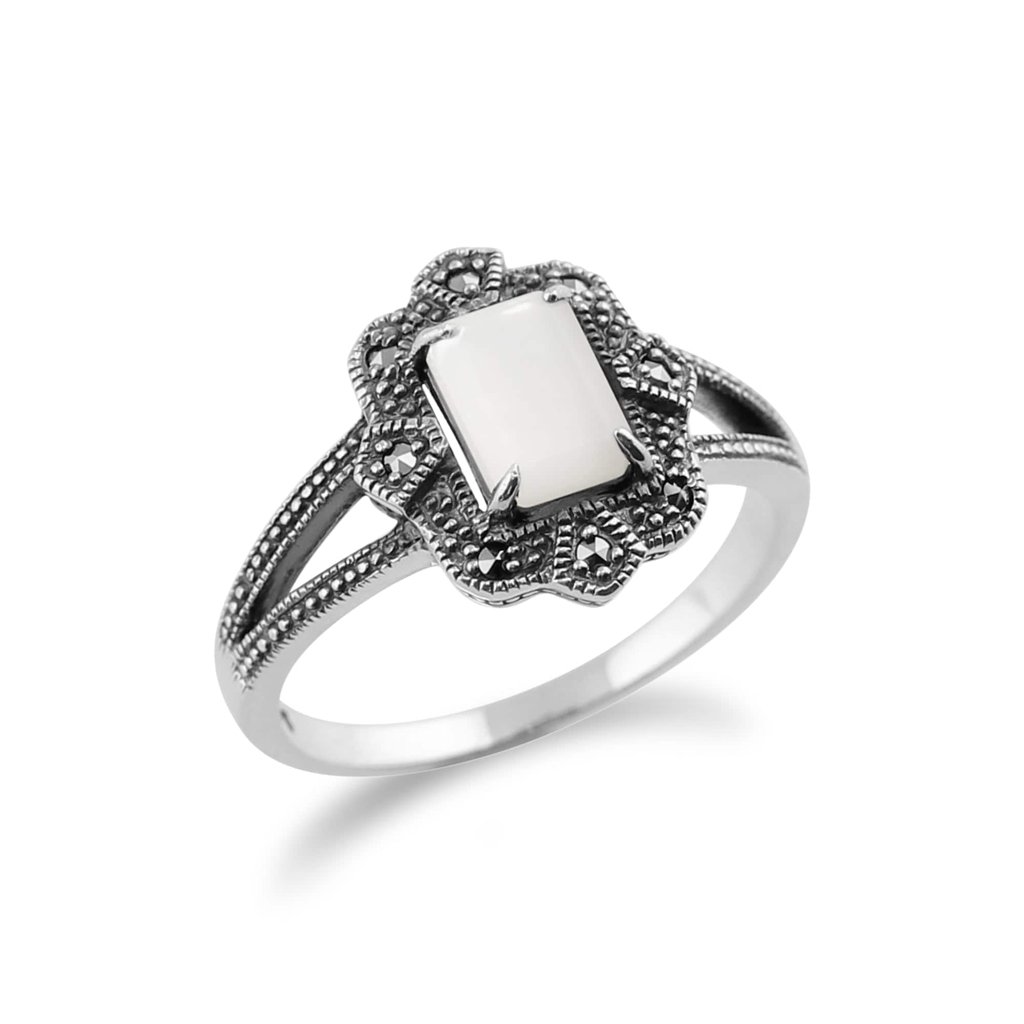 Art Deco Style Baguette Mother of Pearl & Marcasite Ring in 925 Sterling Silver - Gemondo