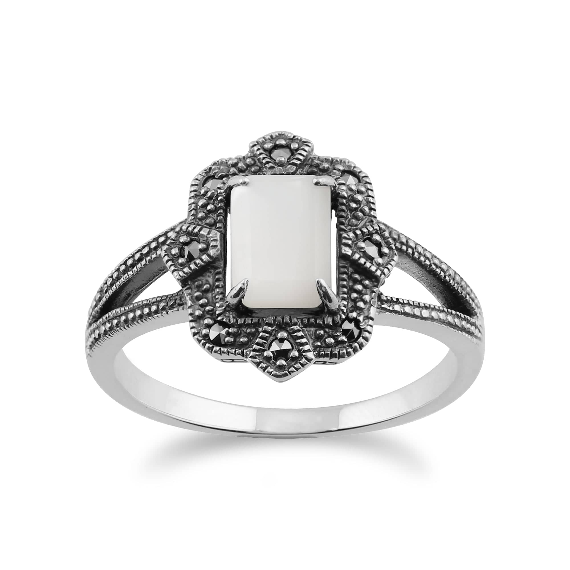 Art Deco Style Baguette Mother of Pearl & Marcasite Ring in 925 Sterling Silver - Gemondo