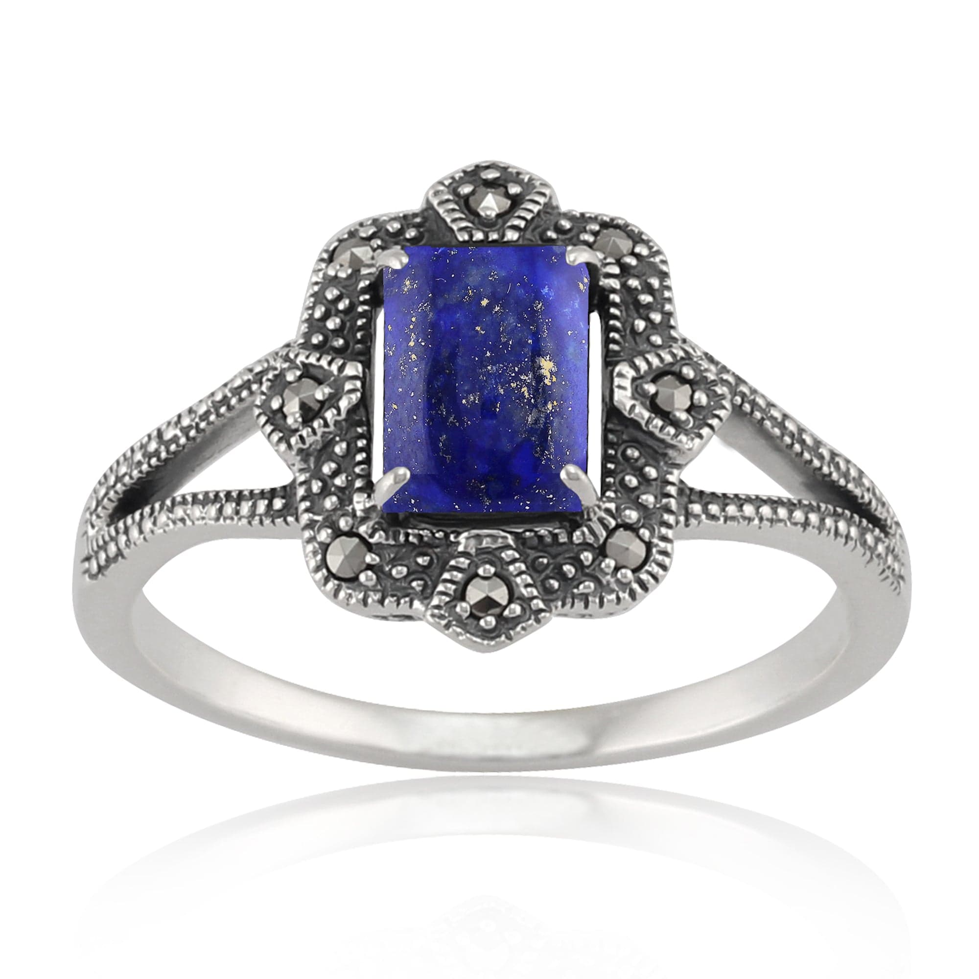 214R479008925 Art Deco Style Baguette Lapis Lazuli & Marcasite Ring in 925 Sterling Silver 1