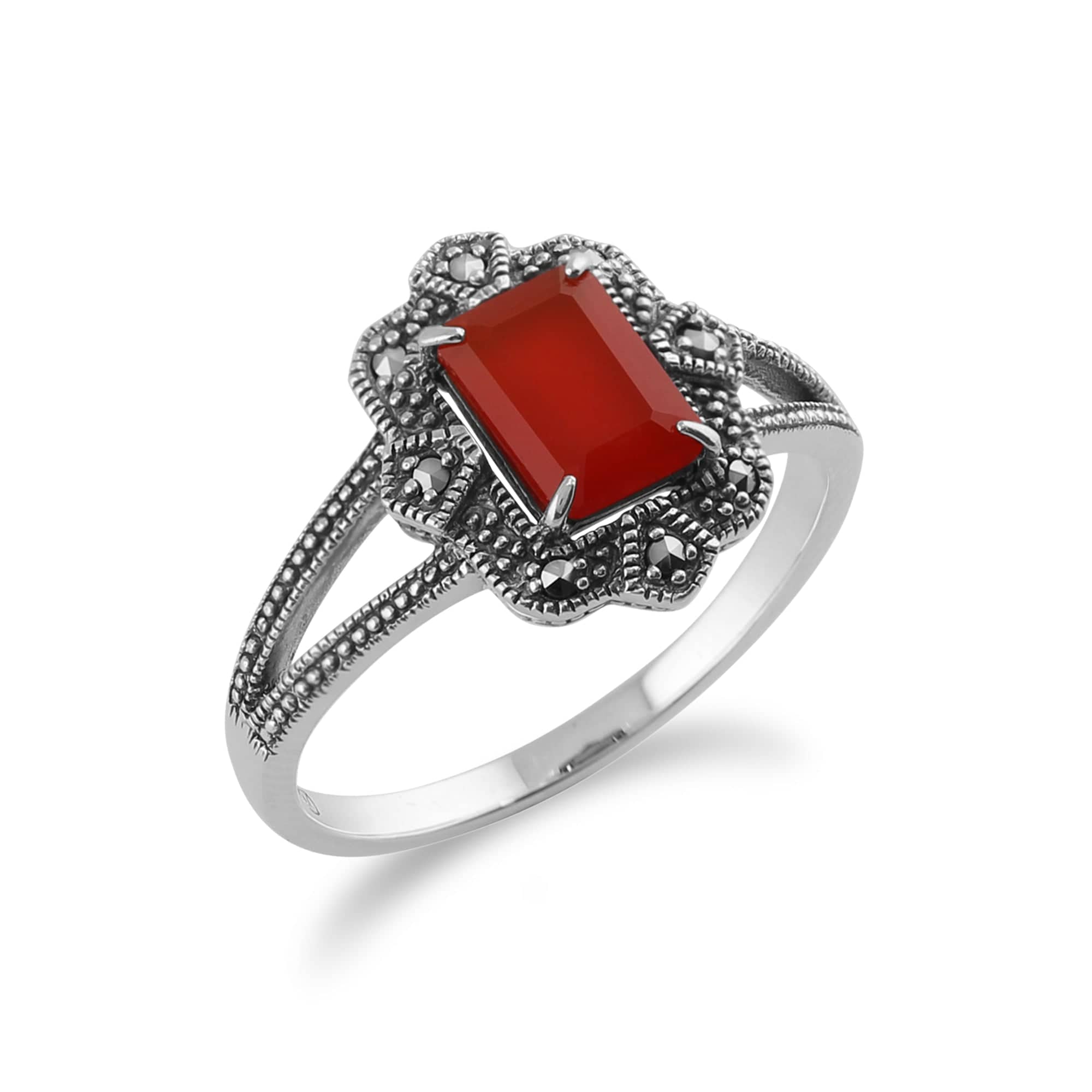 214R479009925 Art Deco Style Baguette Carnelian & Marcasite Ring in 925 Sterling Silver 2