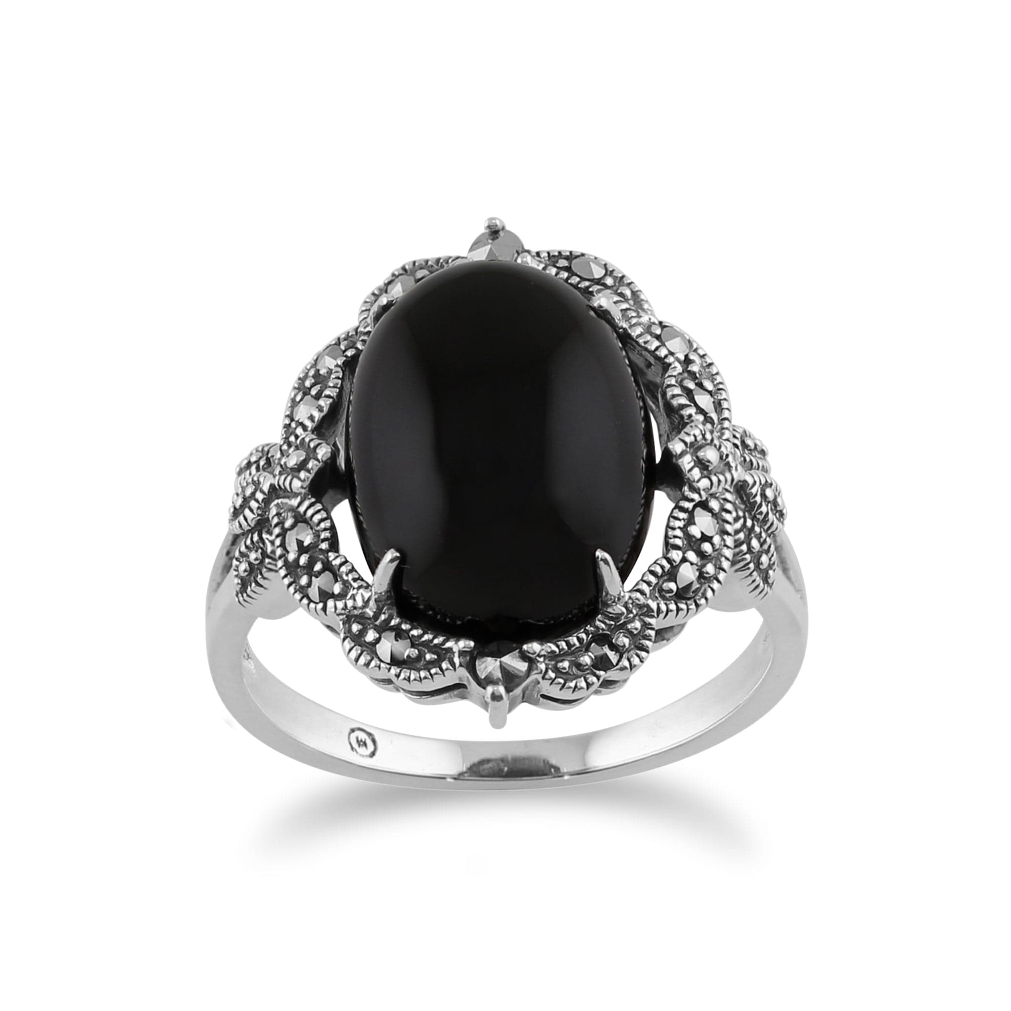 Ring Art Nouveau Oval Onyx Marcasite Gothic