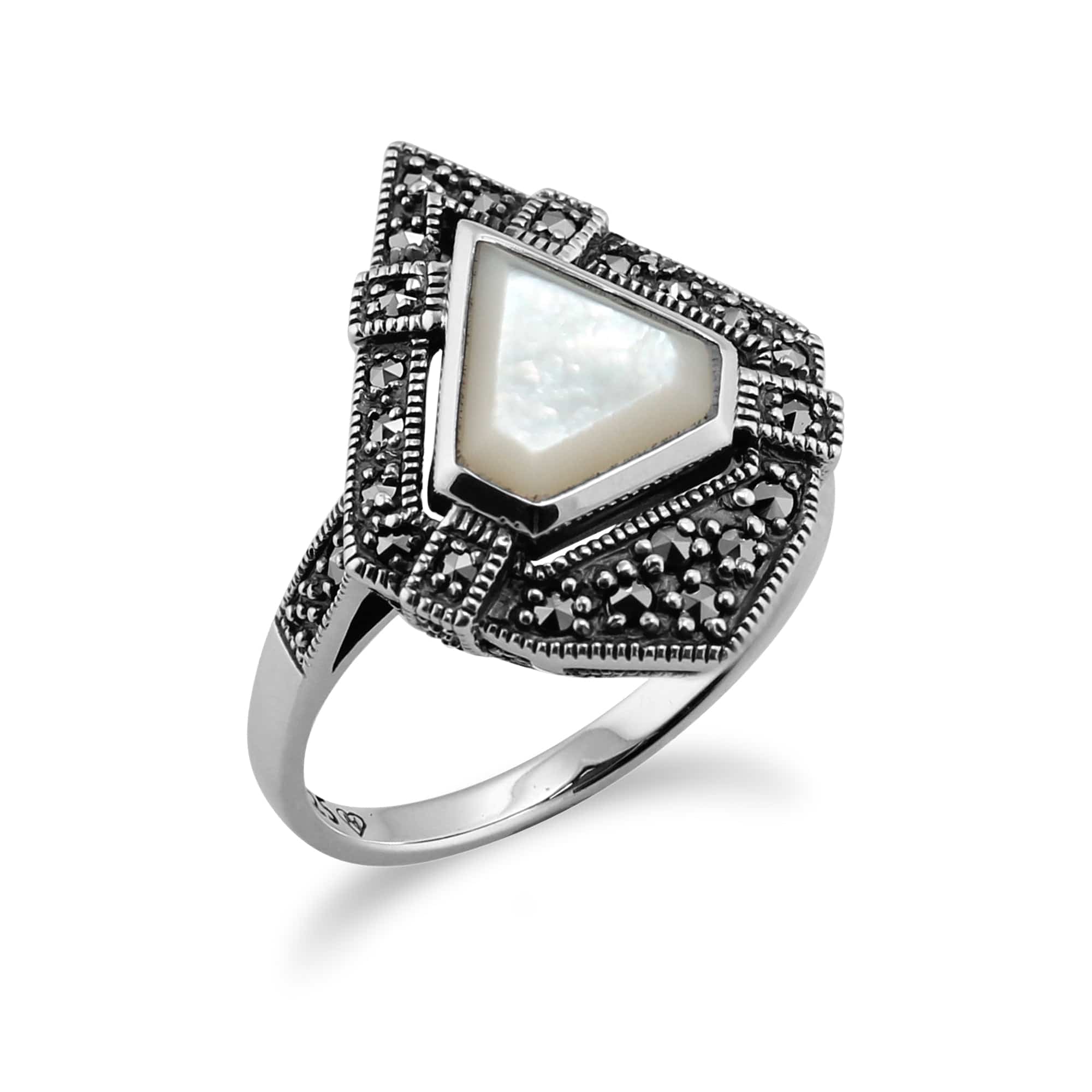 214R479301925 Art Deco Style Triangle Mother of Pearl & Marcasite Statement Ring 4