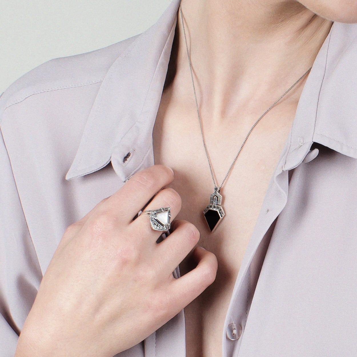 Art Deco Style Triangle Mother of Pearl & Marcasite Statement Ring - Gemondo