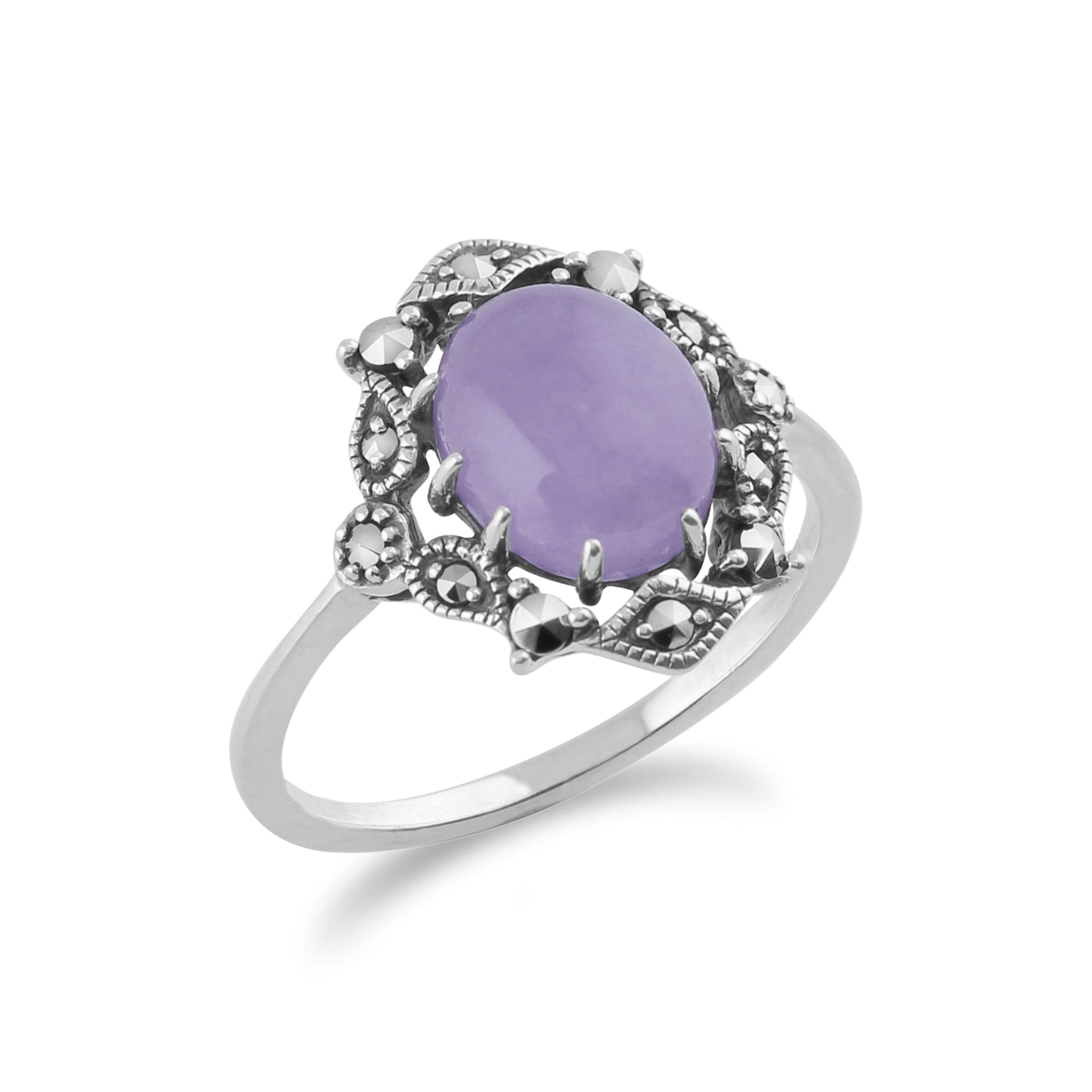 Art Nouveau Style Oval Lavender Jade Cabochon & Marcasite Statement Ring in 925 Sterling Silver - Gemondo