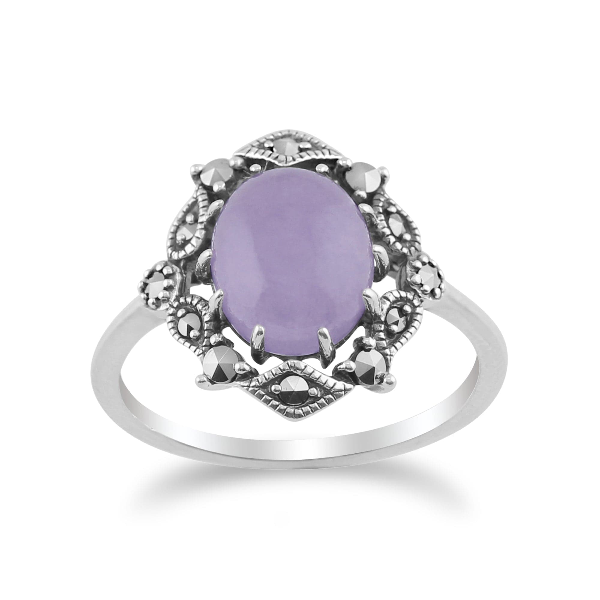 Art Nouveau Style Oval Lavender Jade Cabochon & Marcasite Statement Ring in 925 Sterling Silver - Gemondo