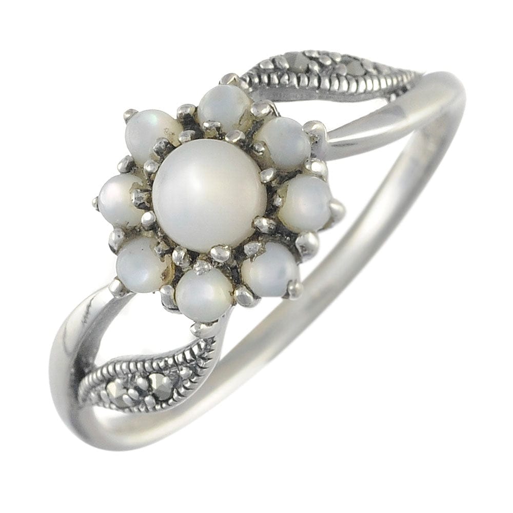 Floral Round Mother of Pearl & Marcasite Cluster Ring in 925 Sterling Silver - Gemondo