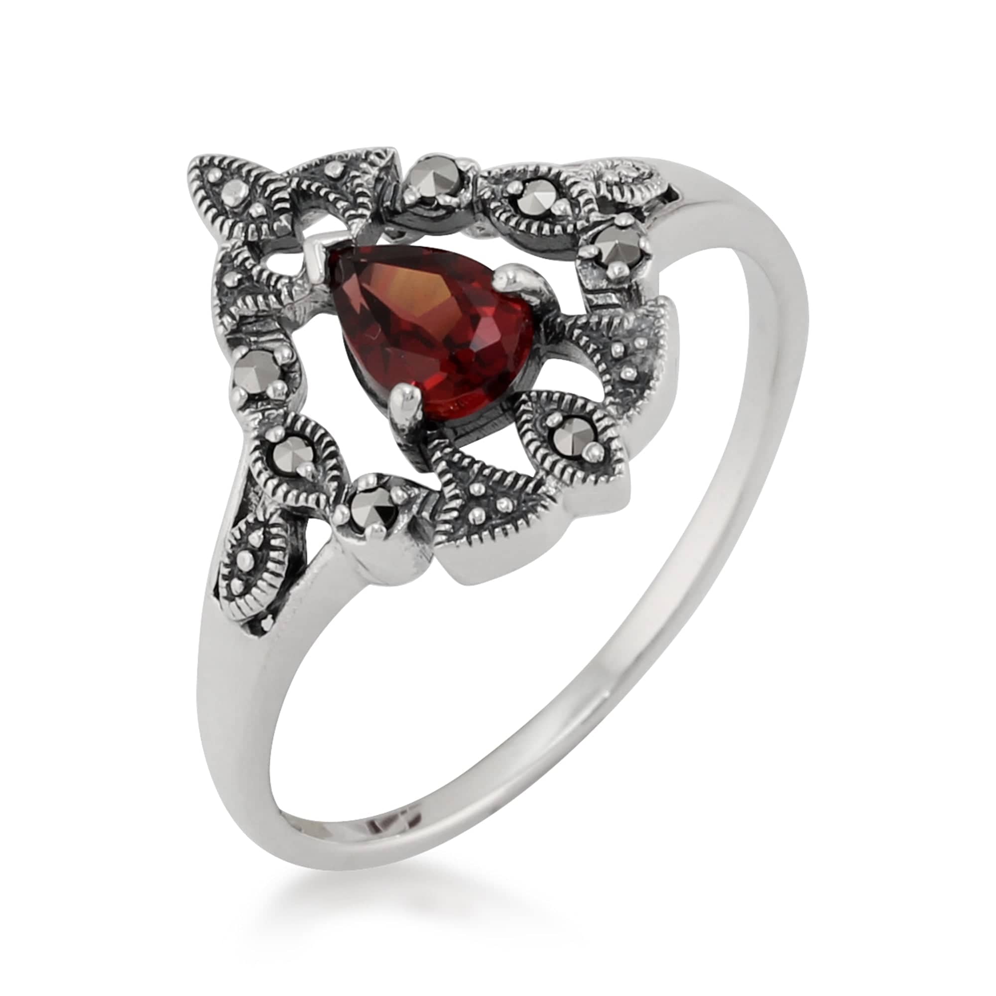 Victorian Style Pear Garnet & Marcasite  Garland Statement Ring in Silver - Gemondo