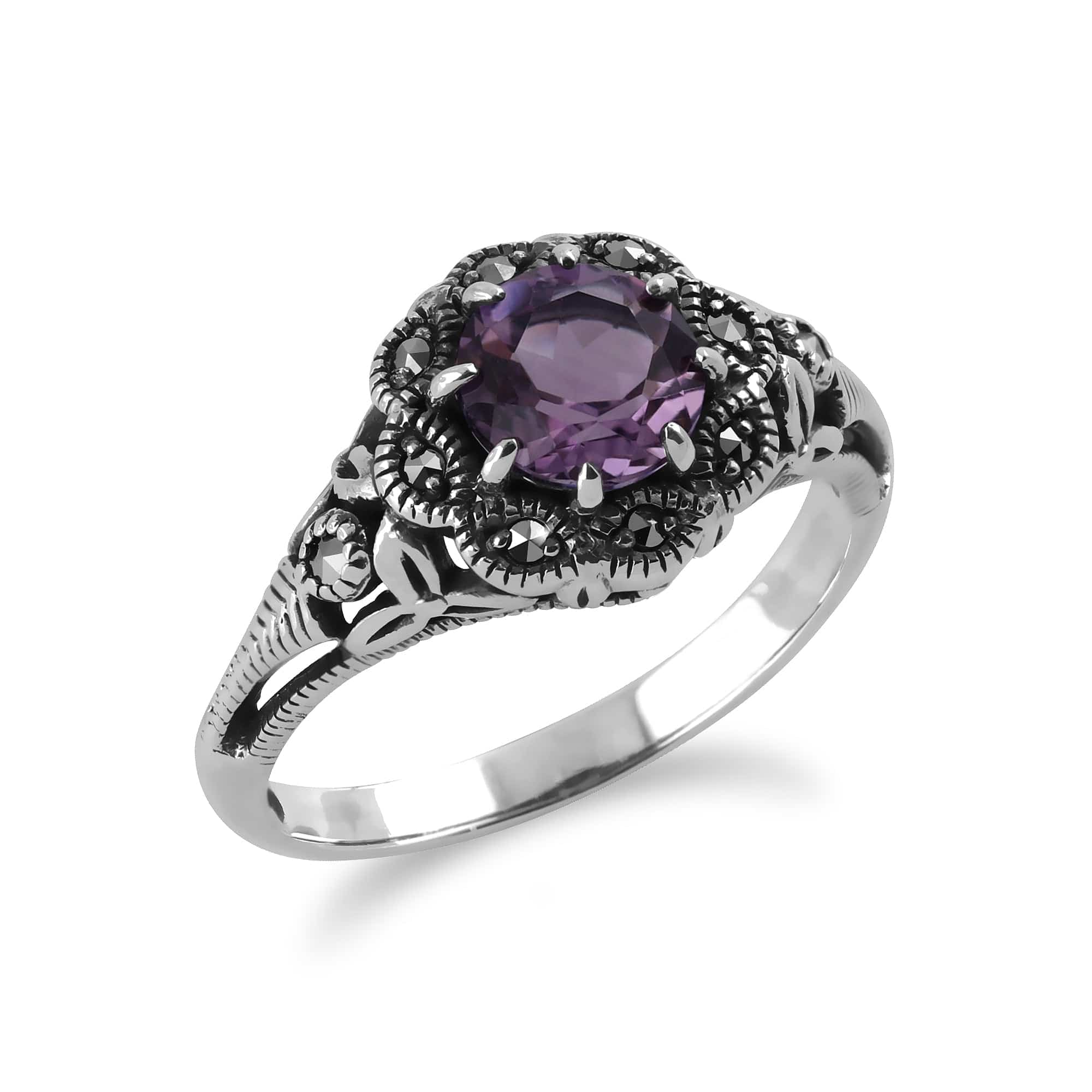 Art Nouveau Style Round Amethyst & Marcasite Floral Ring in Sterling Silver - Gemondo