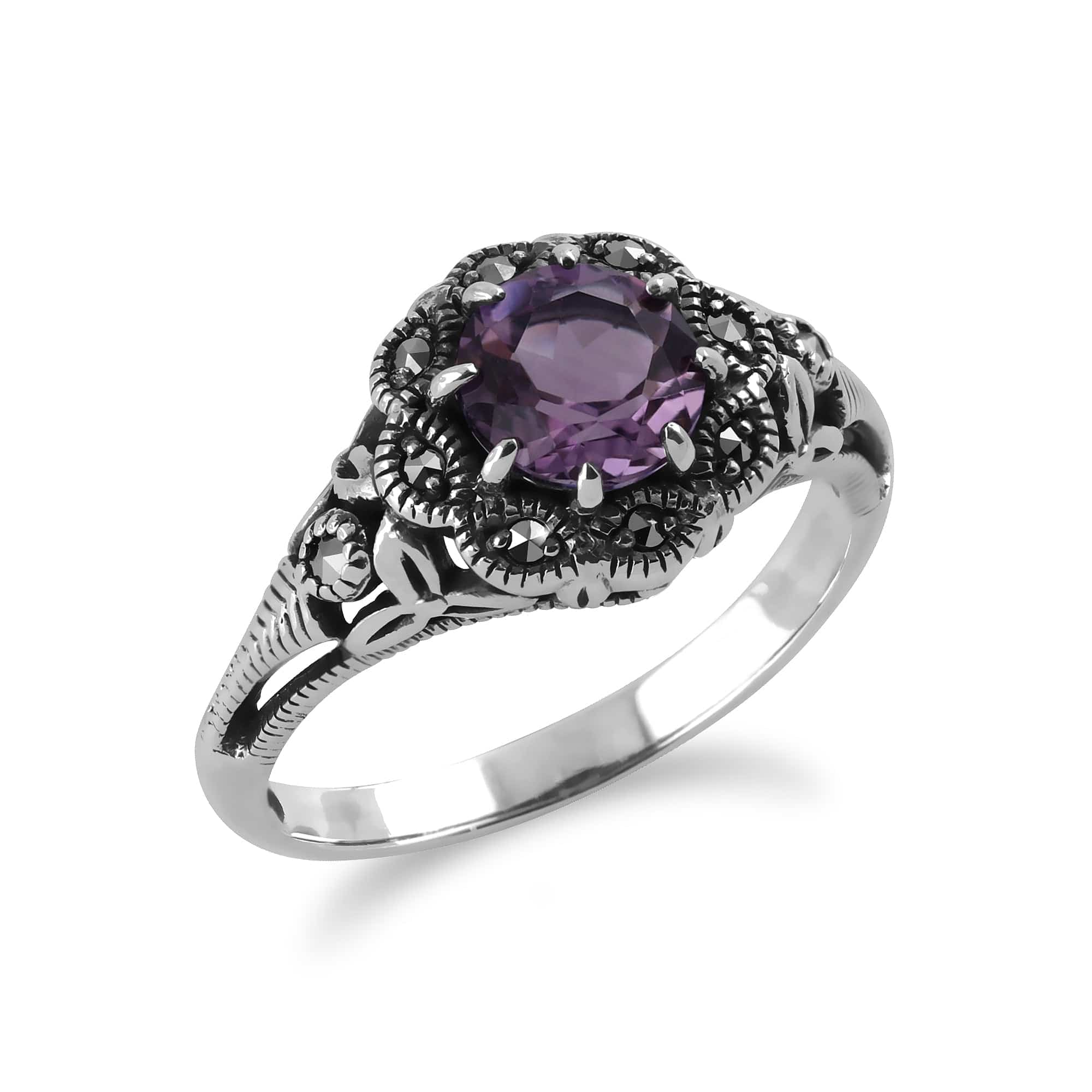 Art Nouveau Style Round Amethyst & Marcasite Floral Ring in Sterling Silver - Gemondo