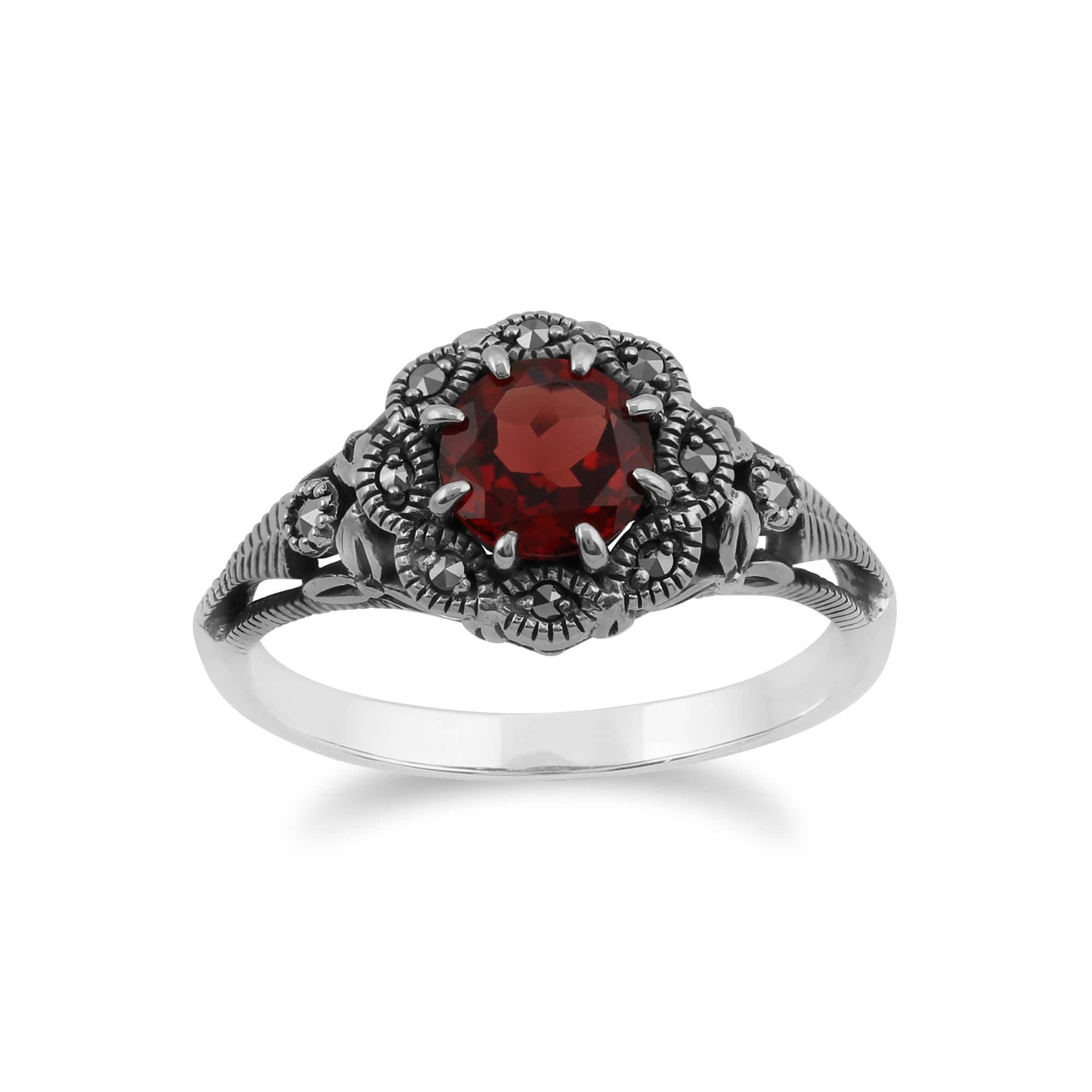 Art Nouveau Style Round Garnet & Marcasite Floral Ring in 925 Sterling Silver