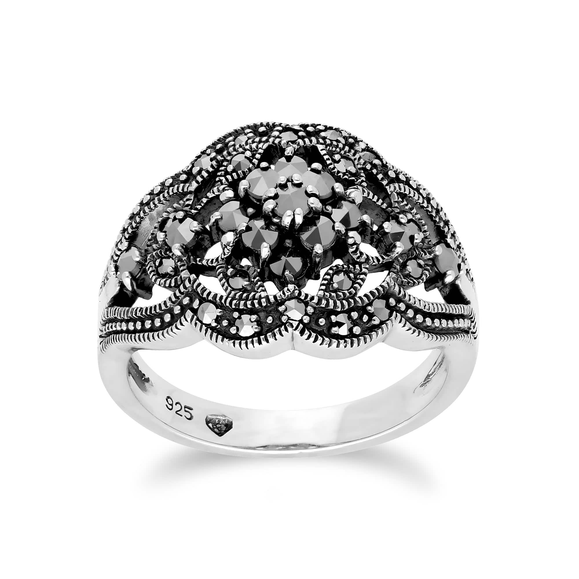 Art Nouveau Style Round Marcasite Cluster Ring in 925 Sterling Silver - Gemondo
