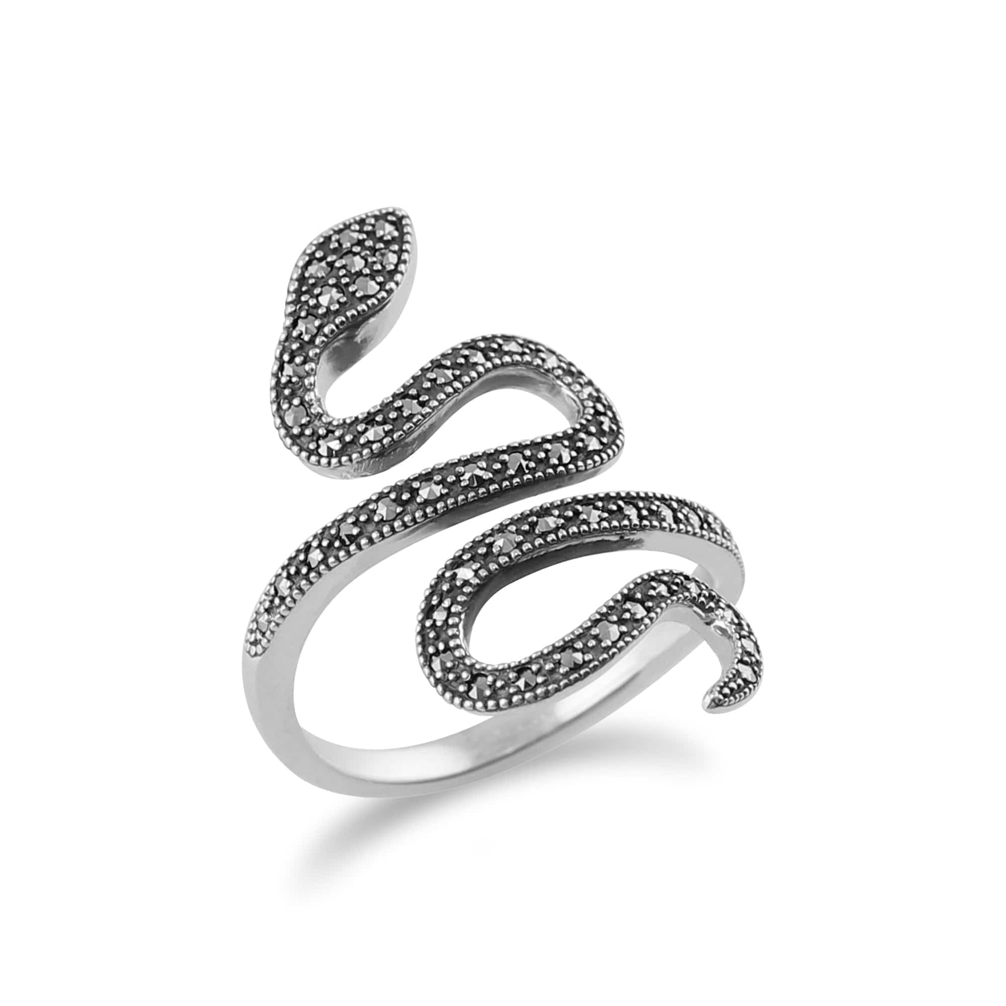 Art Nouveau Style Round Marcasite Silver Snake Boho Ring - Gemondo