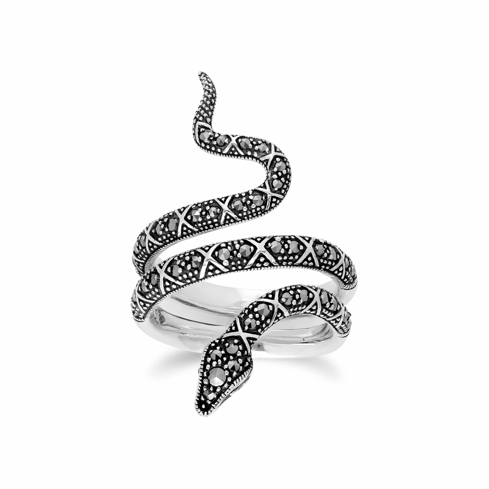 Art Nouveau Style Round Marcasite Snake Statement Ring in 925 Sterling Silver
