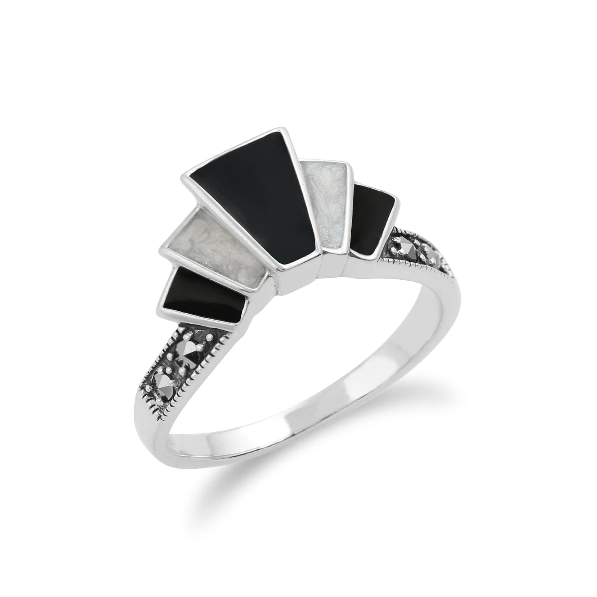 214R593002925 Art Deco Style Marcasite & Black and White Enamel Gradient Fan Ring in 925 Sterling Silver 2