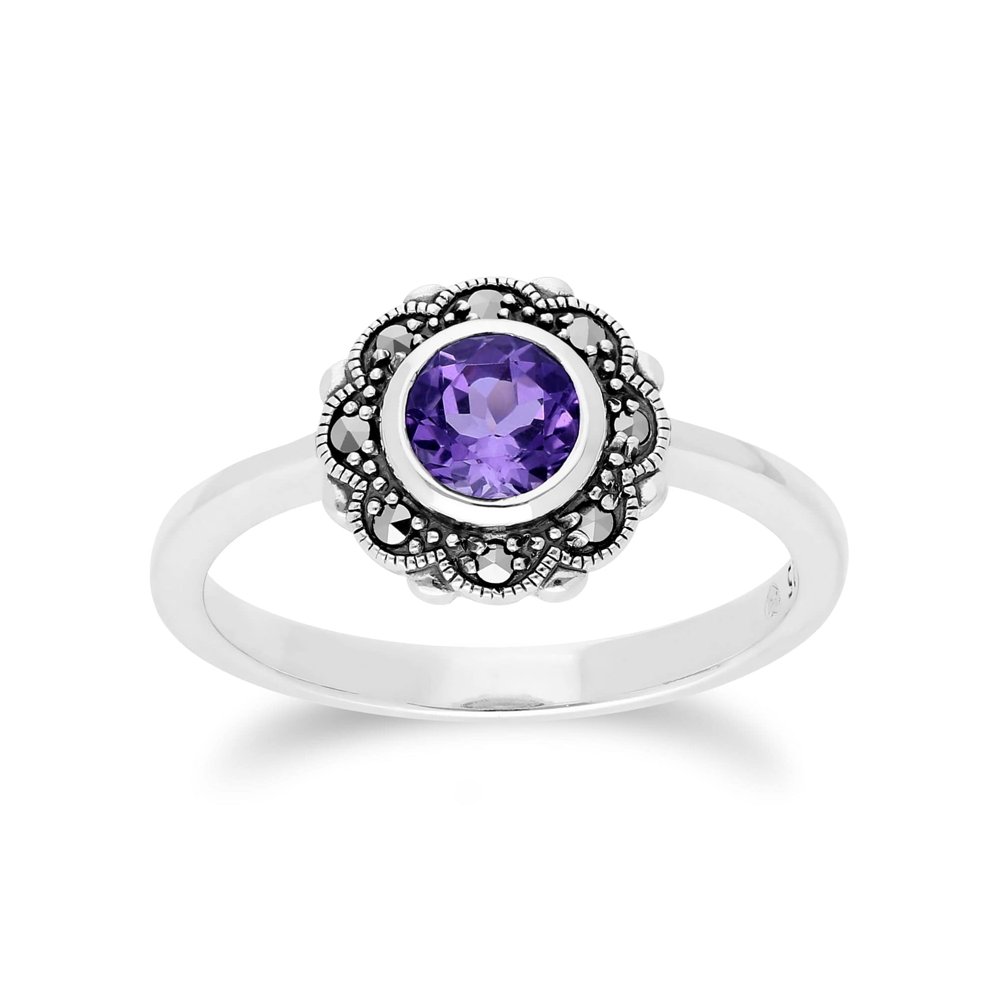 214R597002925 Floral Round Amethyst & Marcasite Halo Ring in 925 Sterling Silver 1