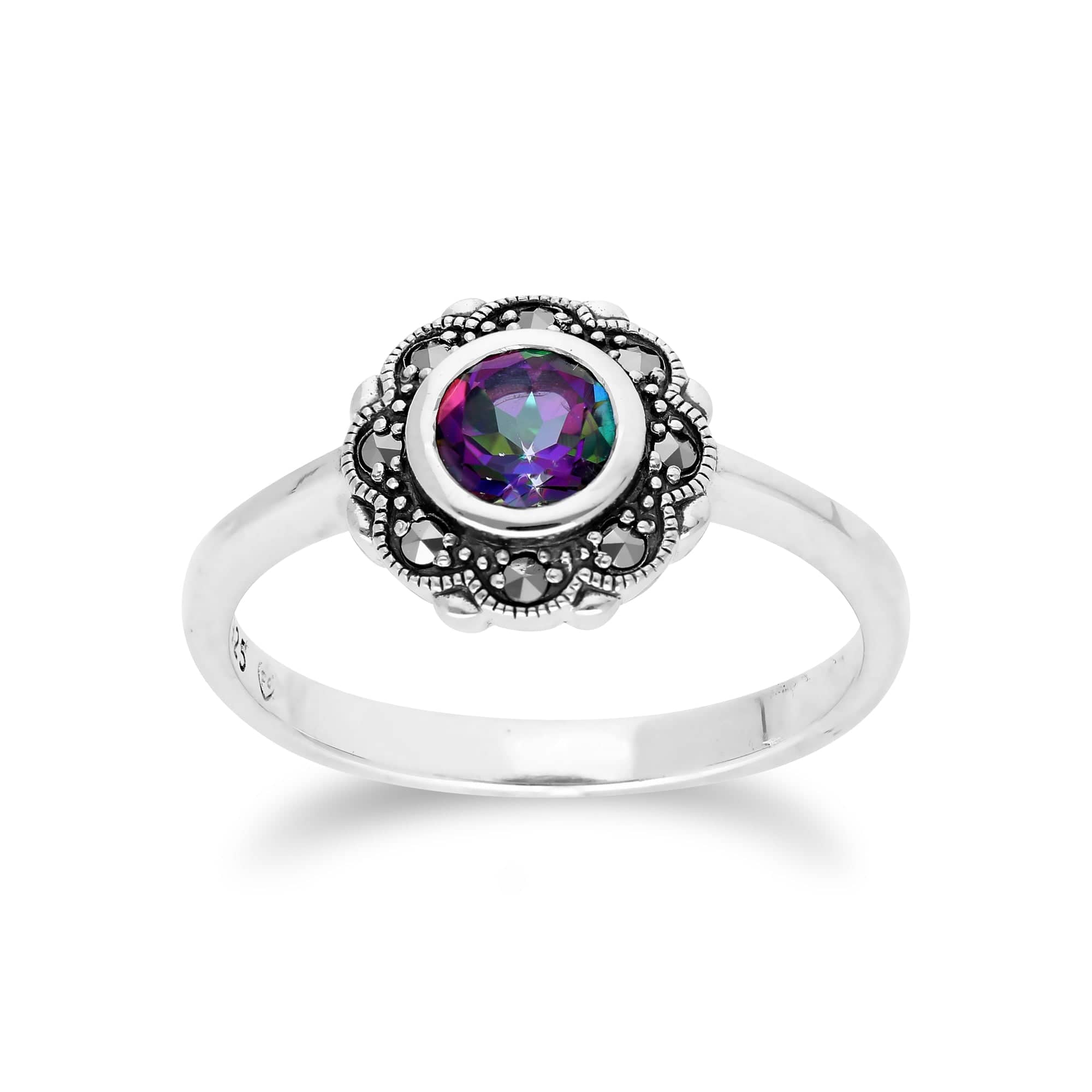 214R597005925 Floral Round Mystic Topaz & Marcasite Halo Ring in 925 Sterling Silver 1