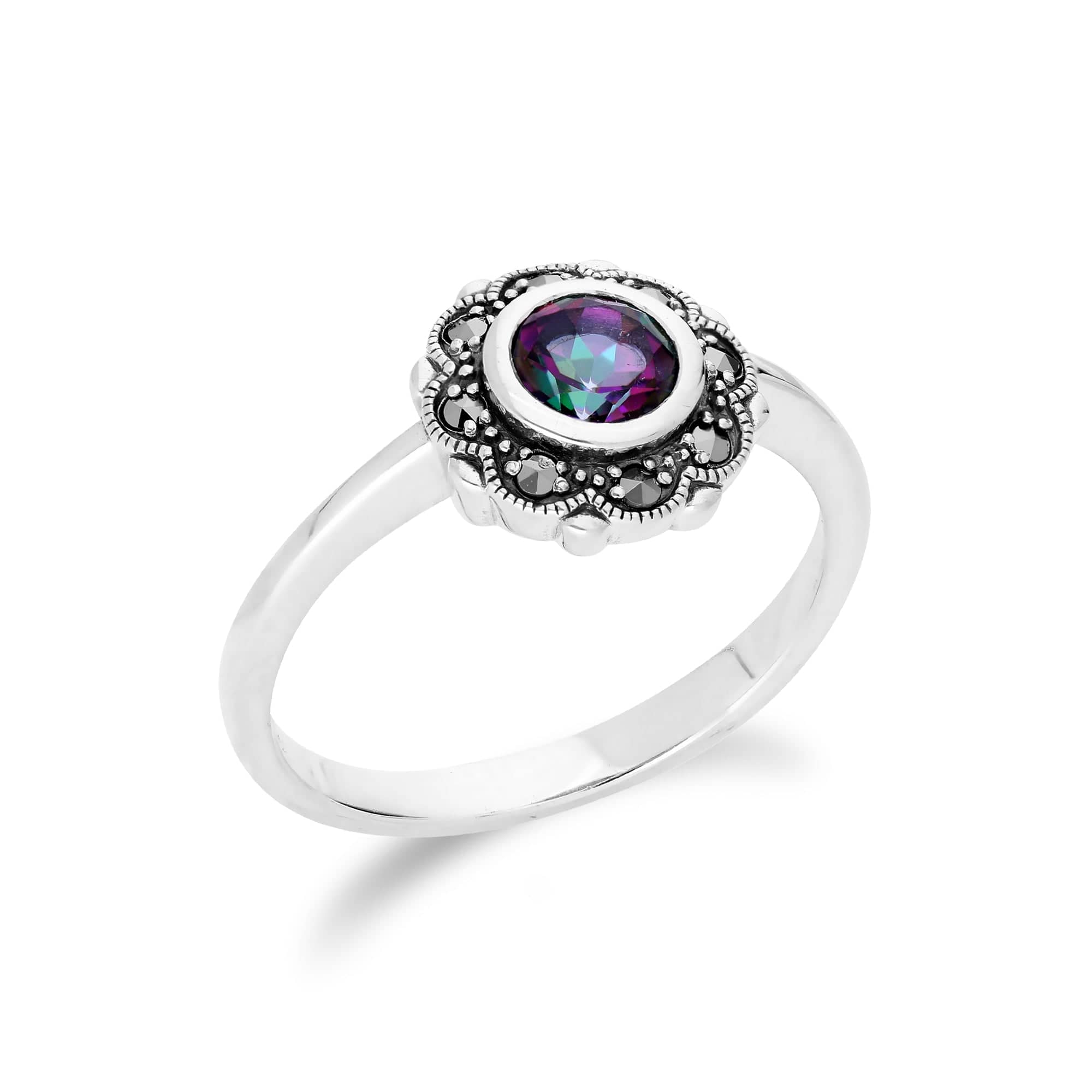 214R597005925 Floral Round Mystic Topaz & Marcasite Halo Ring in 925 Sterling Silver 2
