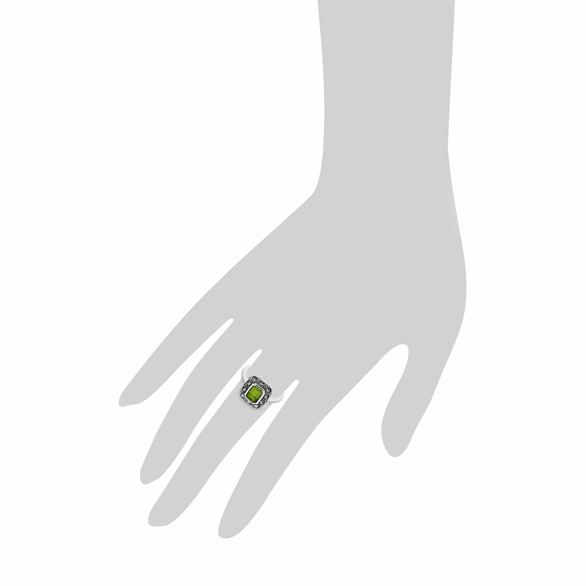 Art Nouveau Style Octagon Peridot & Marcasite Border Ring in 925 Sterling Silver - Gemondo