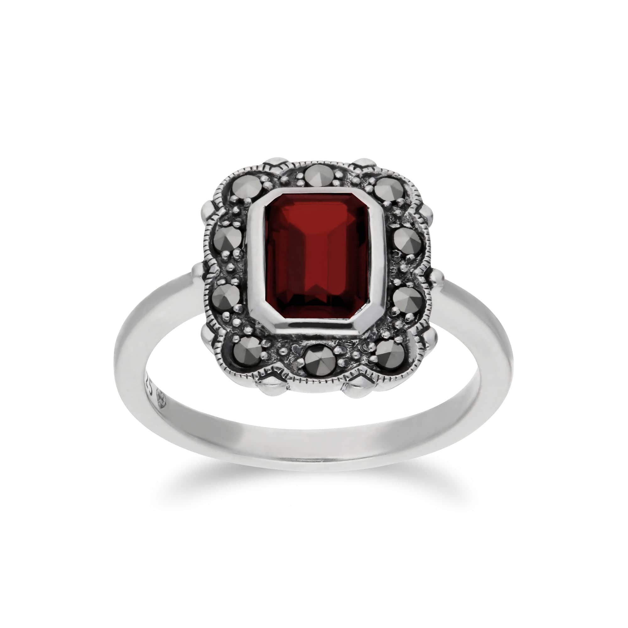 Ring Art Nouveau Garnet Marcasite Silver