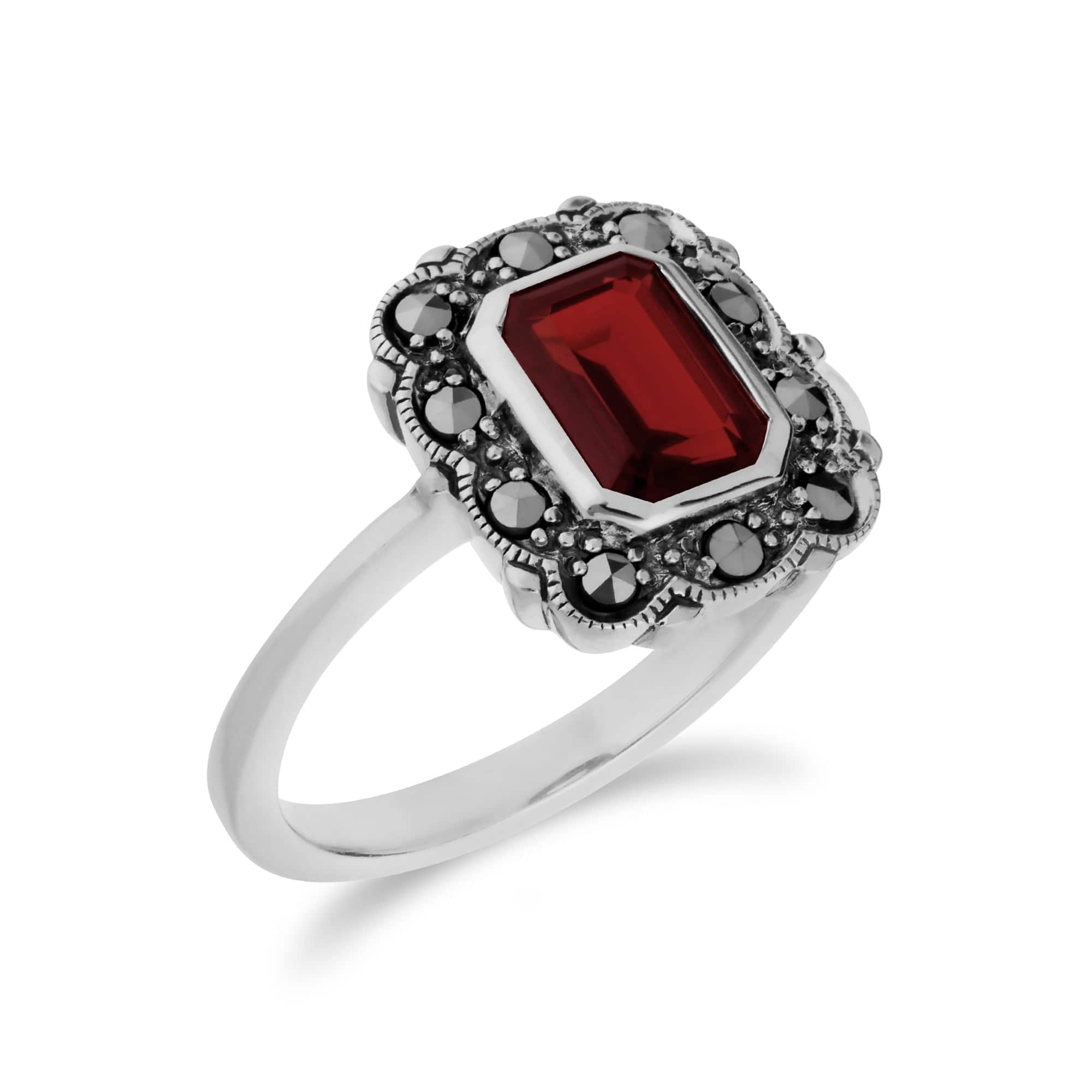 Art Nouveau Style Octagon Garnet & Marcasite Border Ring in 925 Sterling Silver - Gemondo