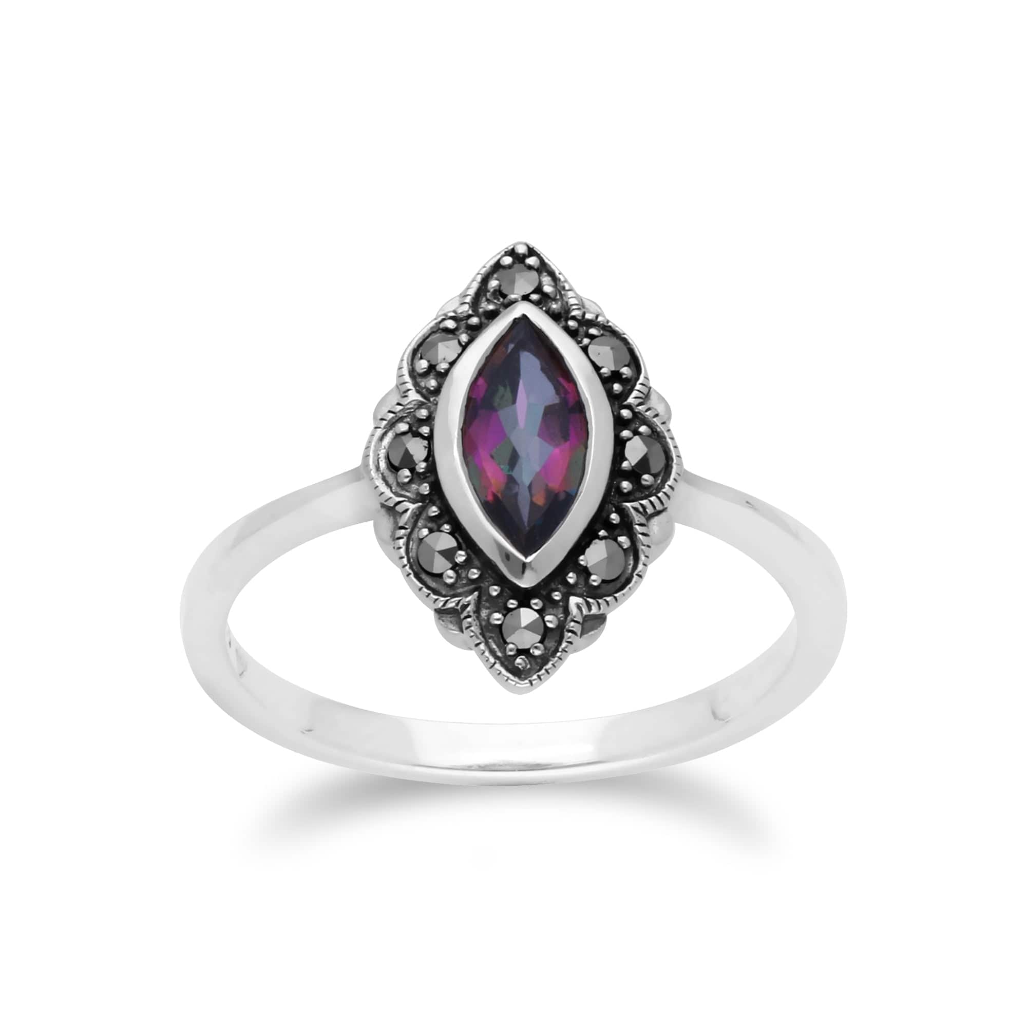214R597204925 Art Nouveau Marquise Mystic Topaz & Marcasite Leaf Ring in 925 Sterling Silver 1