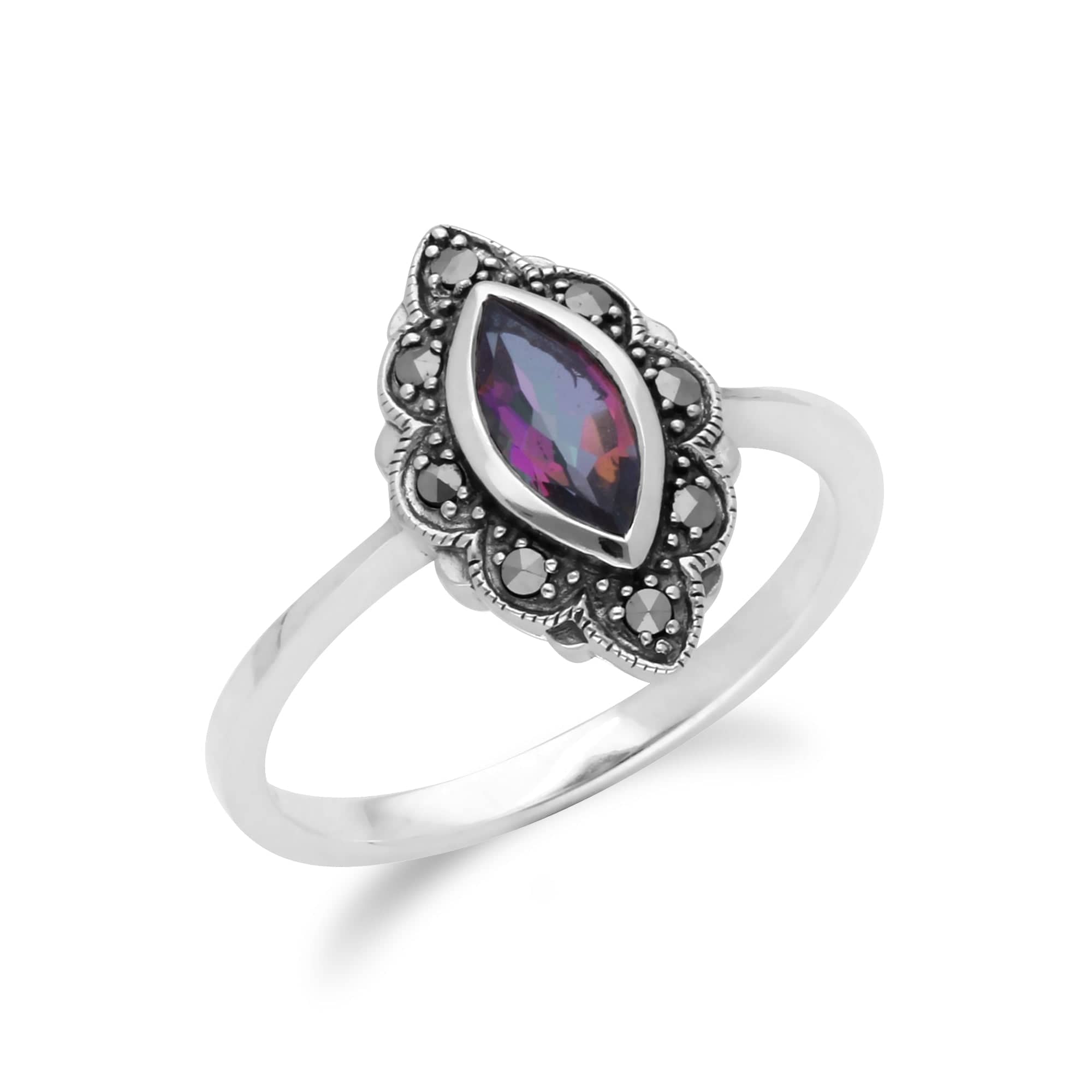 214R597204925 Art Nouveau Marquise Mystic Topaz & Marcasite Leaf Ring in 925 Sterling Silver 2
