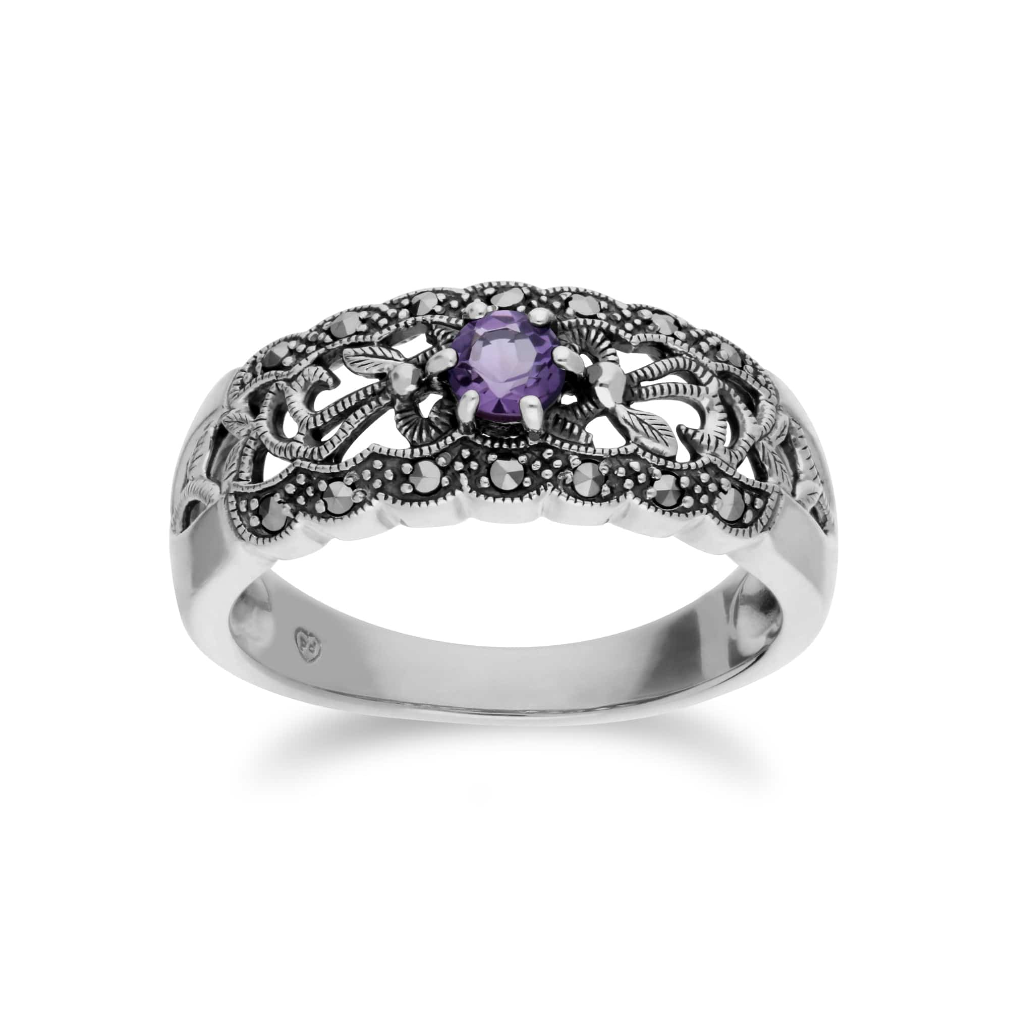 214R597701925 Art Nouveau Style Round Amethyst & Marcasite Floral Band Ring in 925 Sterling Silver 1