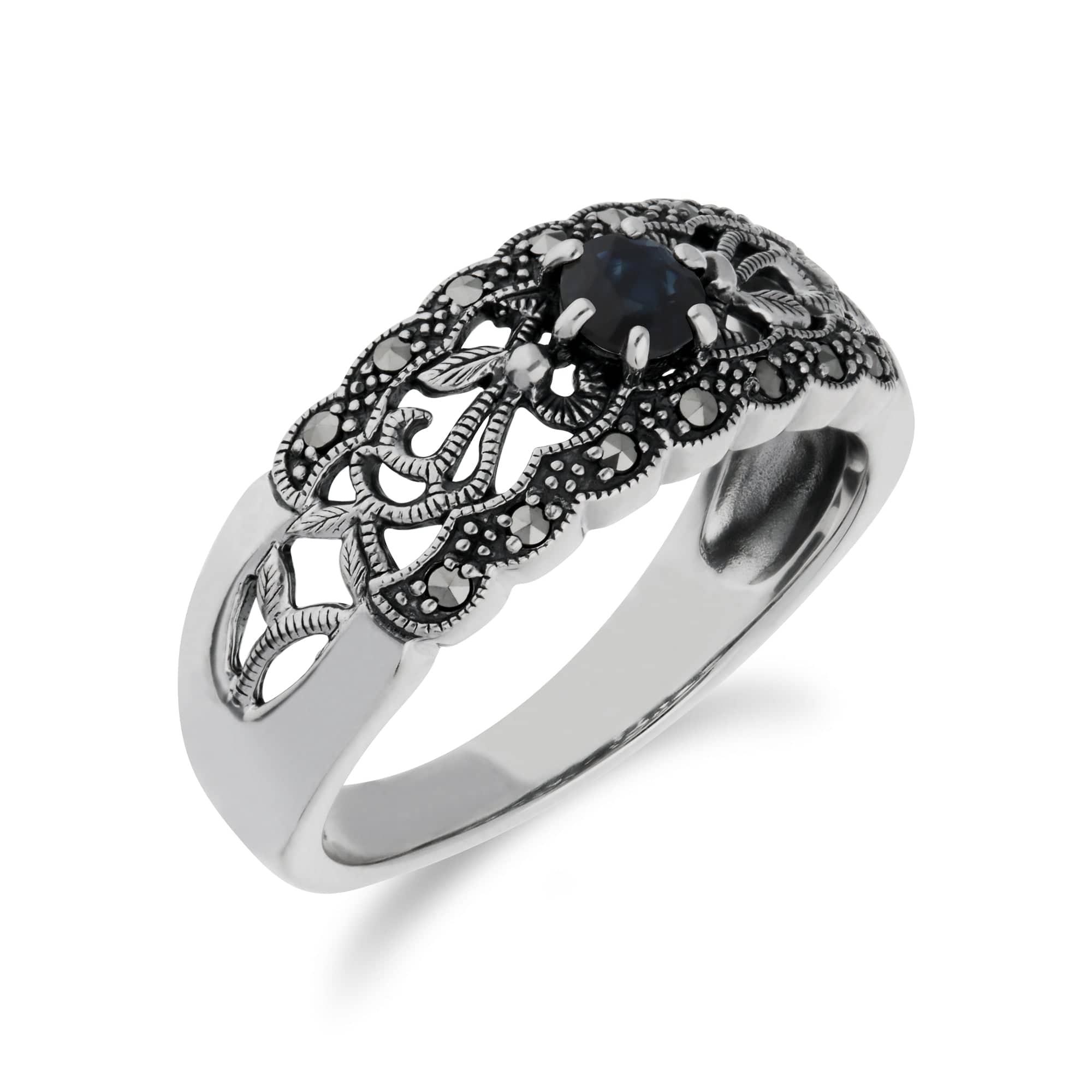 Art Nouveau Style Round Sapphire & Marcasite Floral Band Ring in 925 Sterling Silver