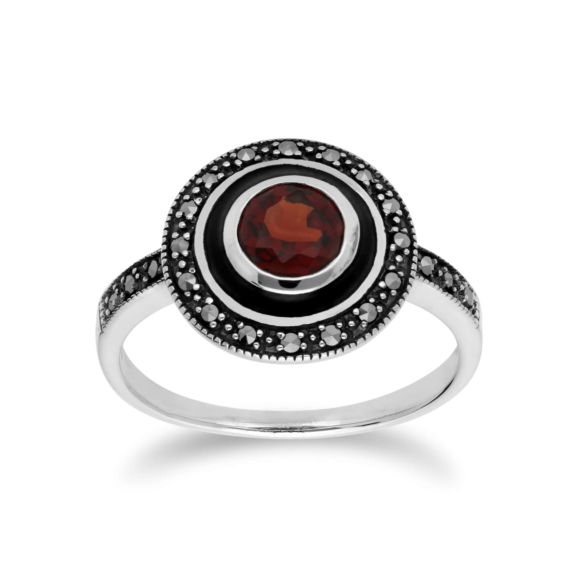 214R599603925 Art Deco Style Round Garnet & Black Enamel Halo Ring in 925 Sterling Silver 1