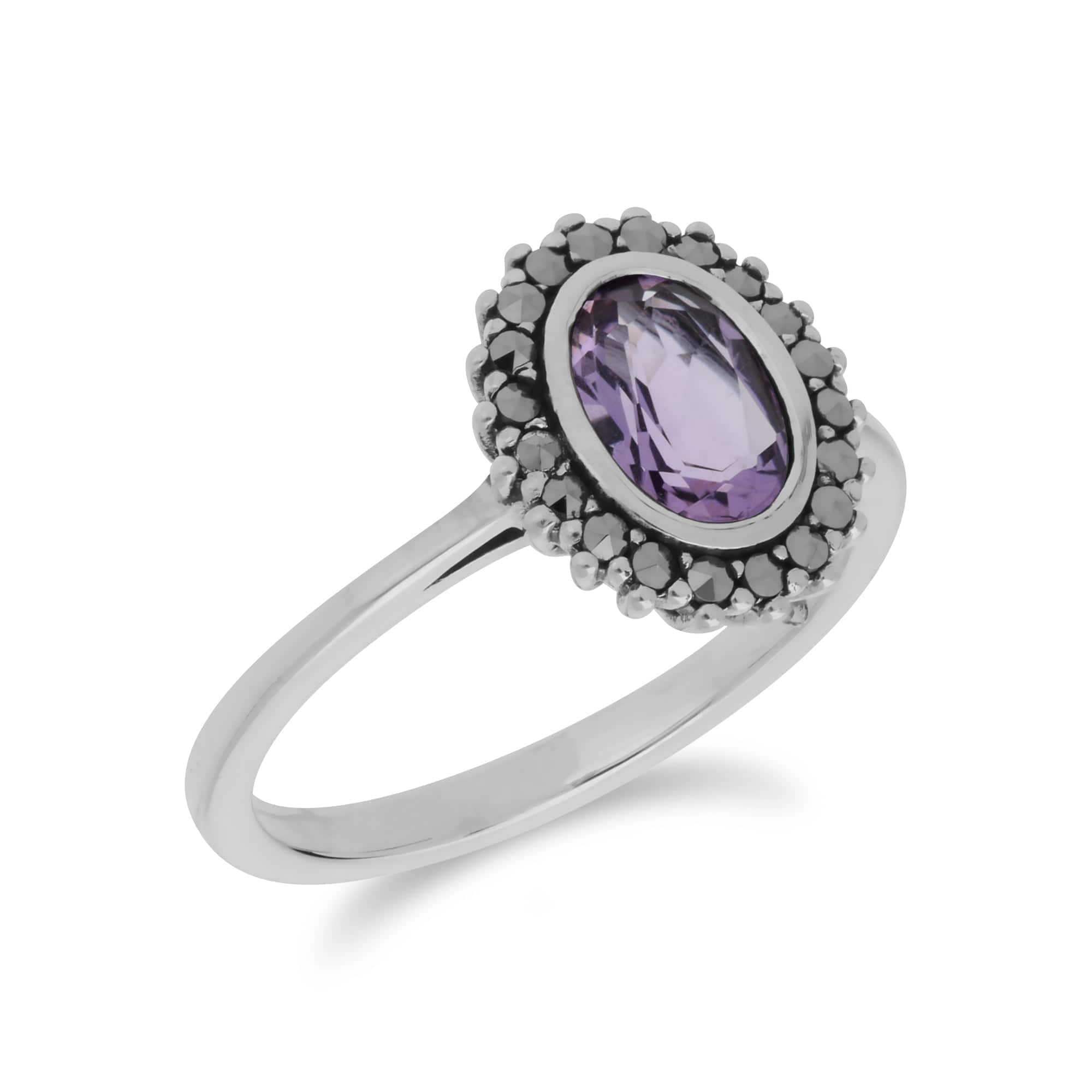 Art Deco Style Oval Amethyst & Marcasite Halo Ring in 925 Sterling Silver - Gemondo