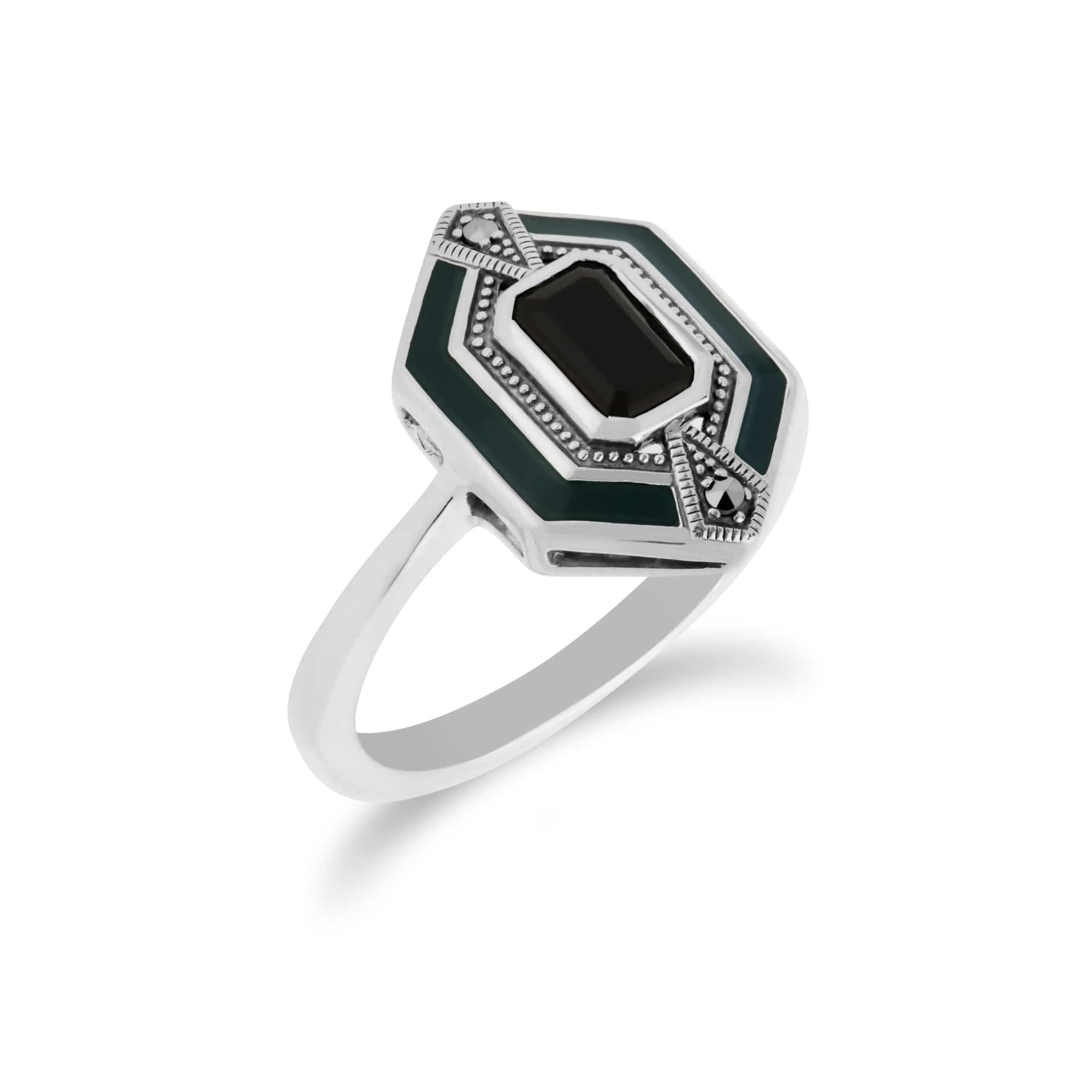 214R602604925 Art Deco Style Octagon Black Onyx, Marcasite & Green Enamel hexagon Ring in 925 Sterling Silver 2
