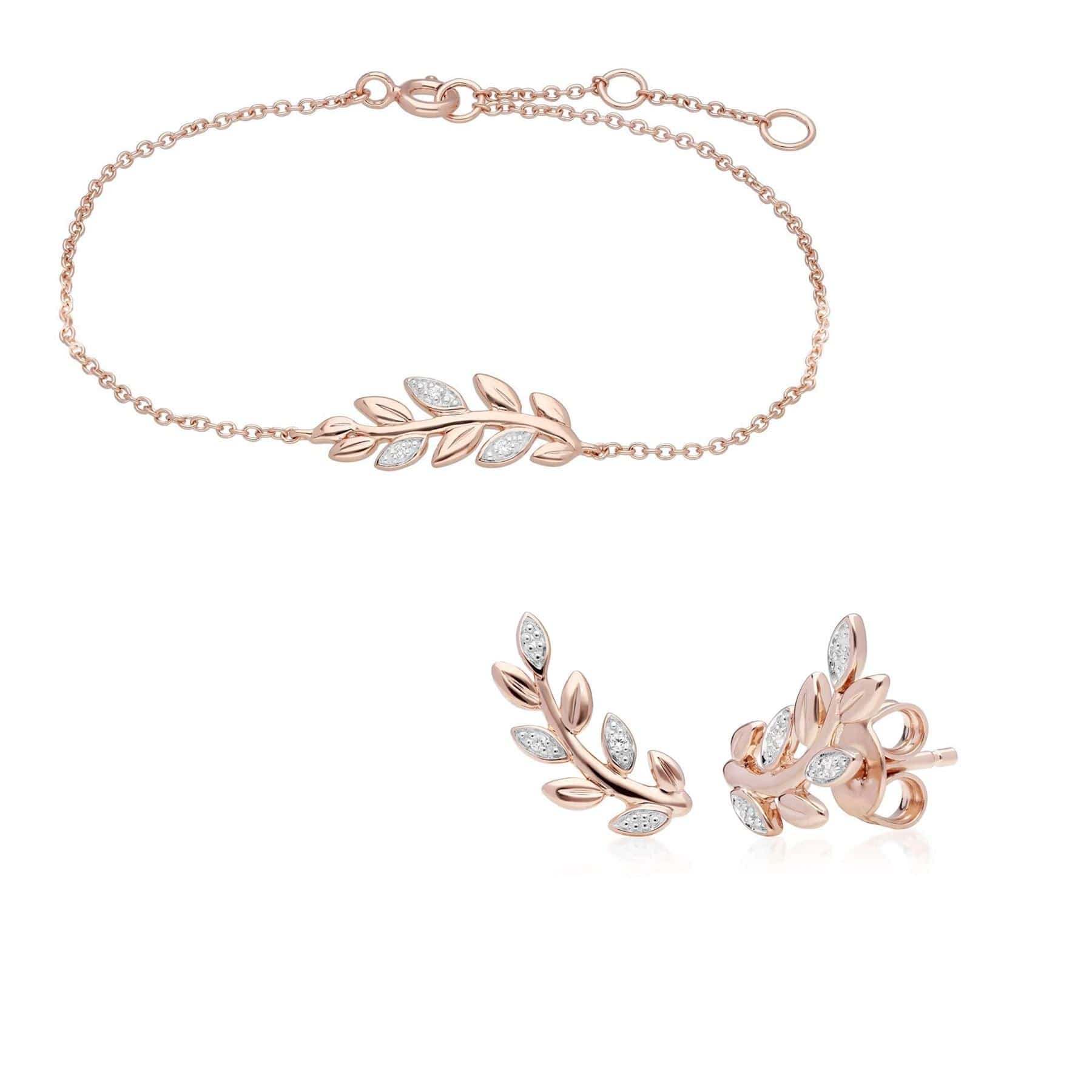 191L0156029-191E0390029 O Leaf Diamond Bracelet & Stud Stud Earring Set in 9ct Rose Gold 1