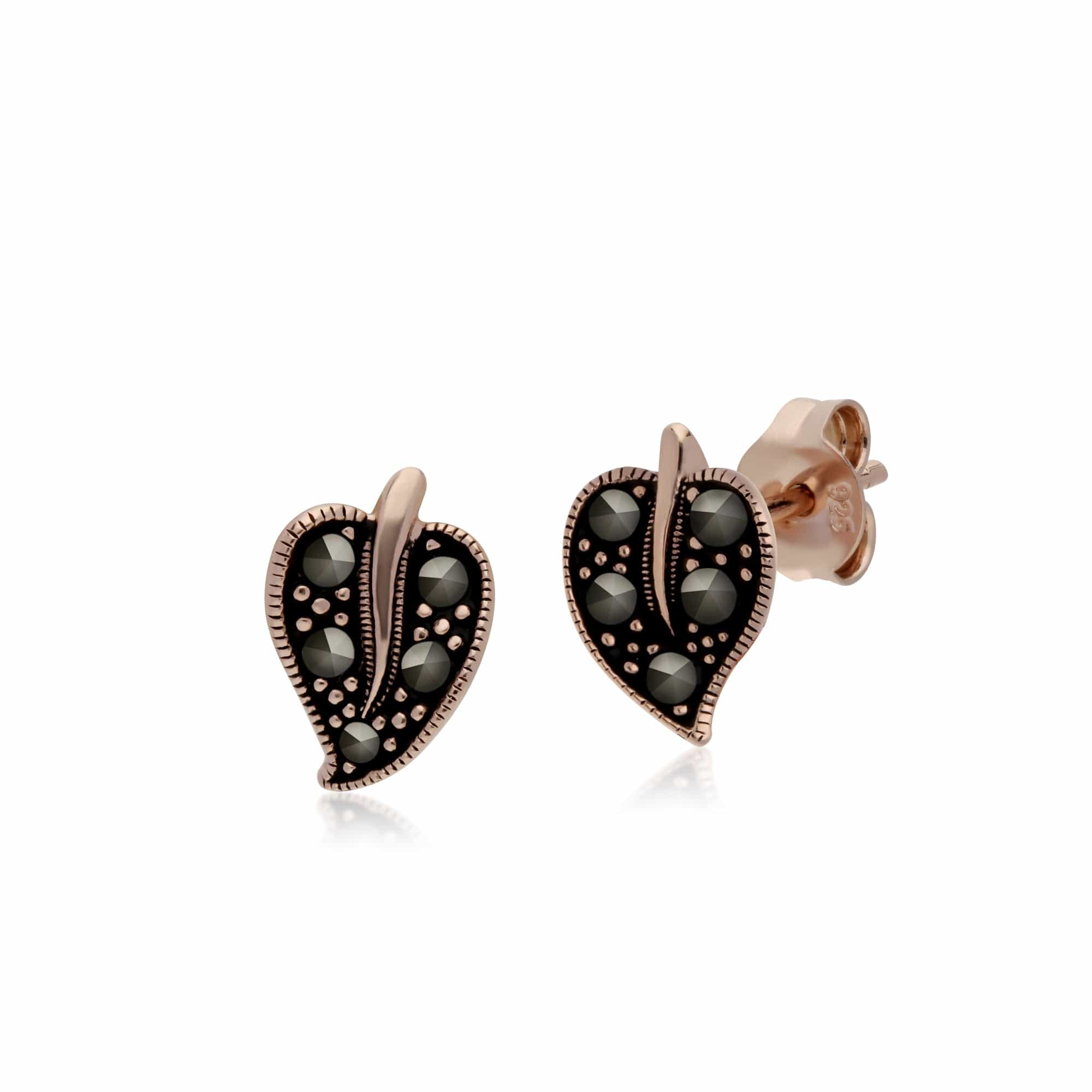 224E023401925 Rose Gold Plated Round Marcasite Leaf Stud Earrings in 925 Sterling Silver 1