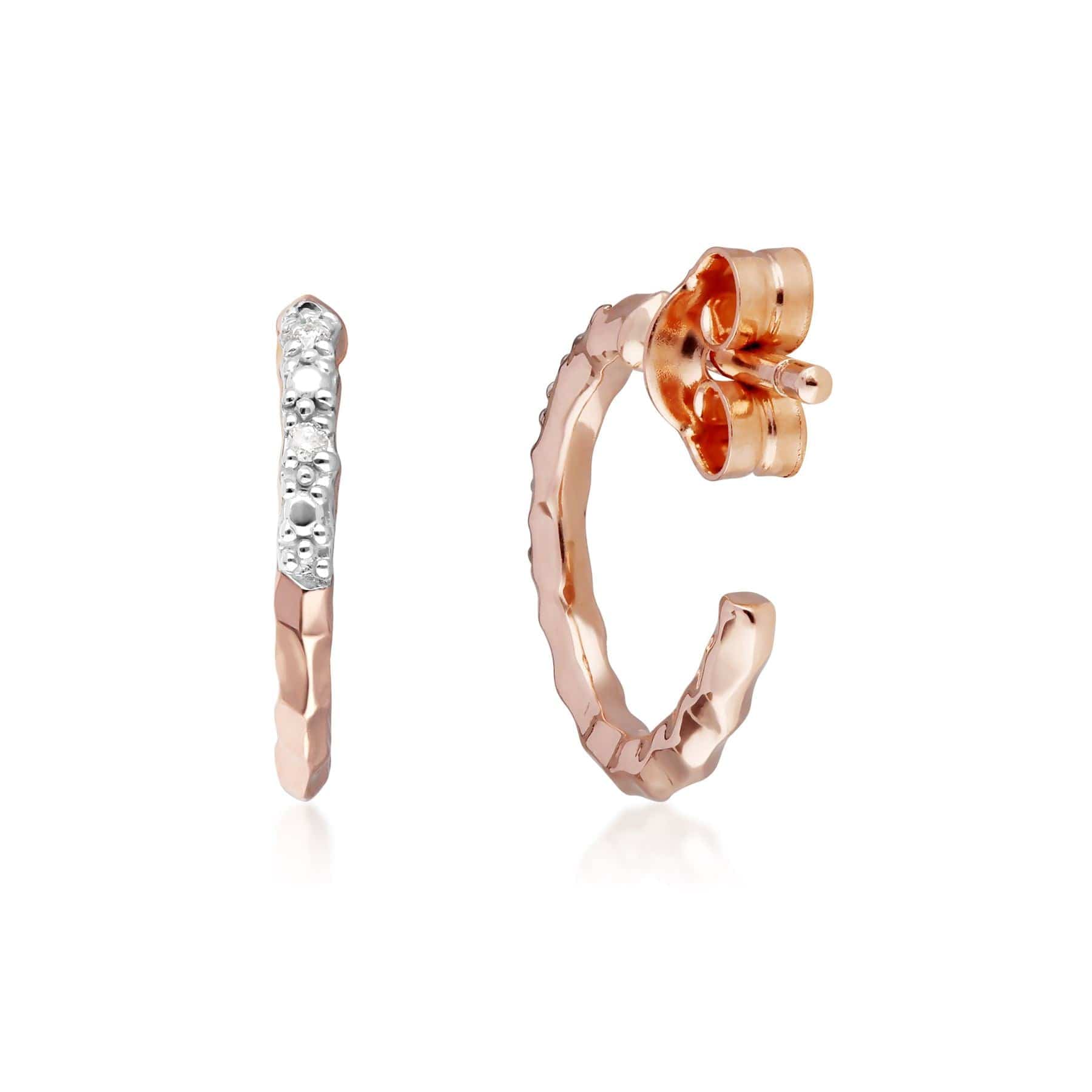 191E0406019 Diamond Pavé Hammered Mini Hoop Earrings in 9ct Rose Gold 2