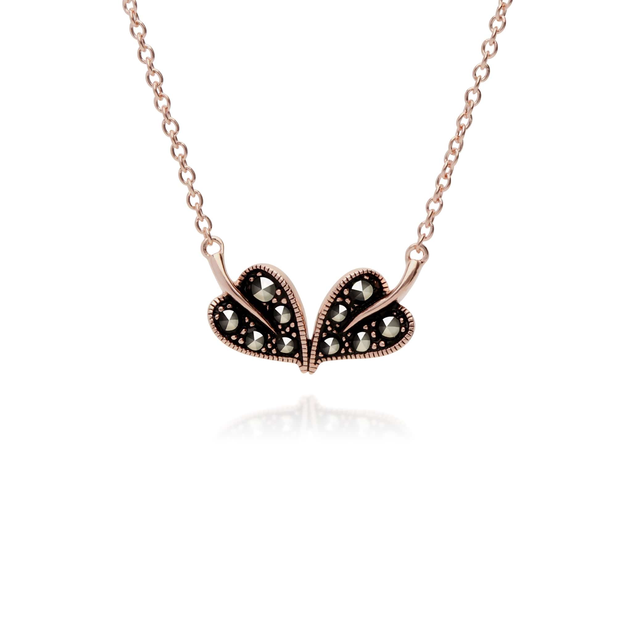 224N017201925 Rose Gold Plated Round Marcasite Double Leaf Necklace in 925 Sterling Silver 1