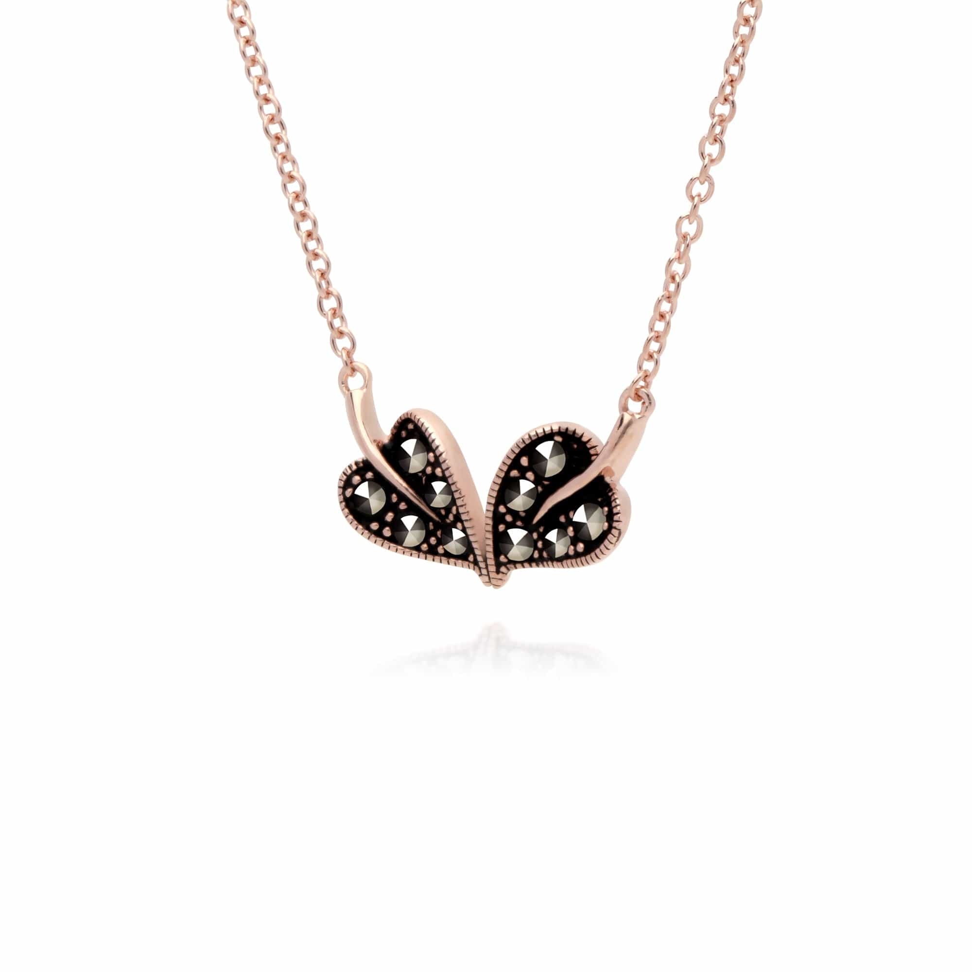 224N017201925 Rose Gold Plated Round Marcasite Double Leaf Necklace in 925 Sterling Silver 2