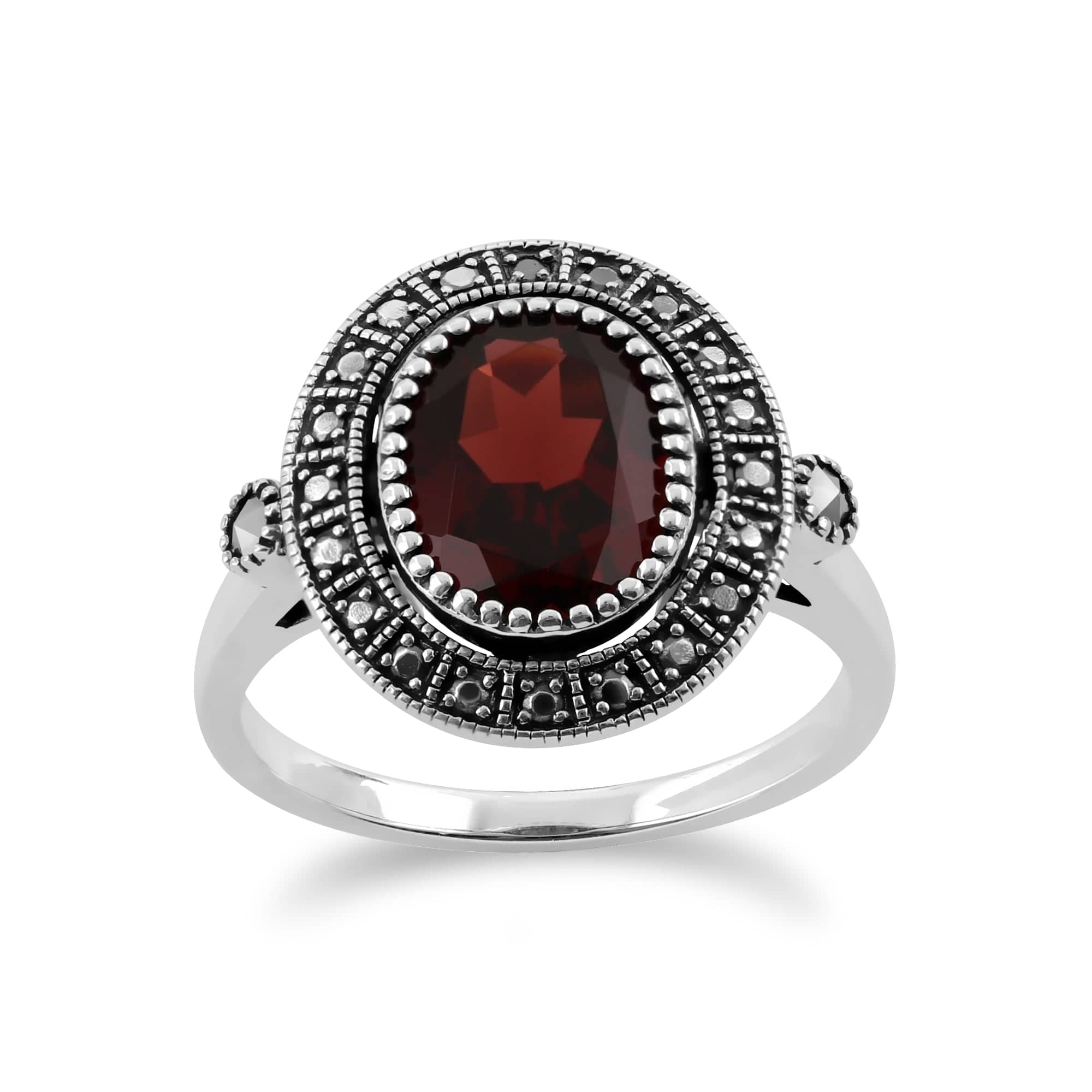 Art Deco Style Oval Garnet & Marcasite Statement Cocktail Ring in 925 Sterling Silver - Gemondo