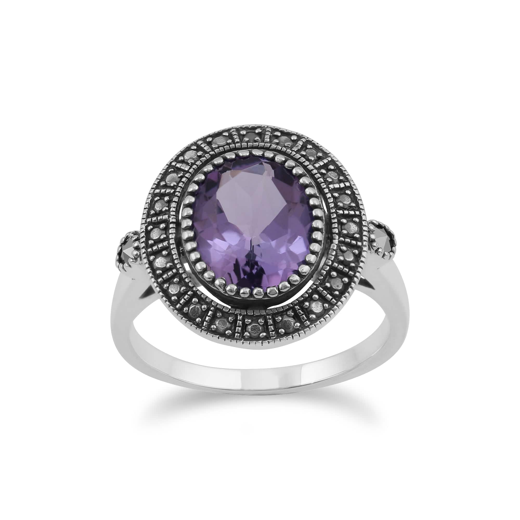 Art Deco Style Oval Amethyst & Marcasite Statement Cocktail Ring in 925 Sterling Silver - Gemondo