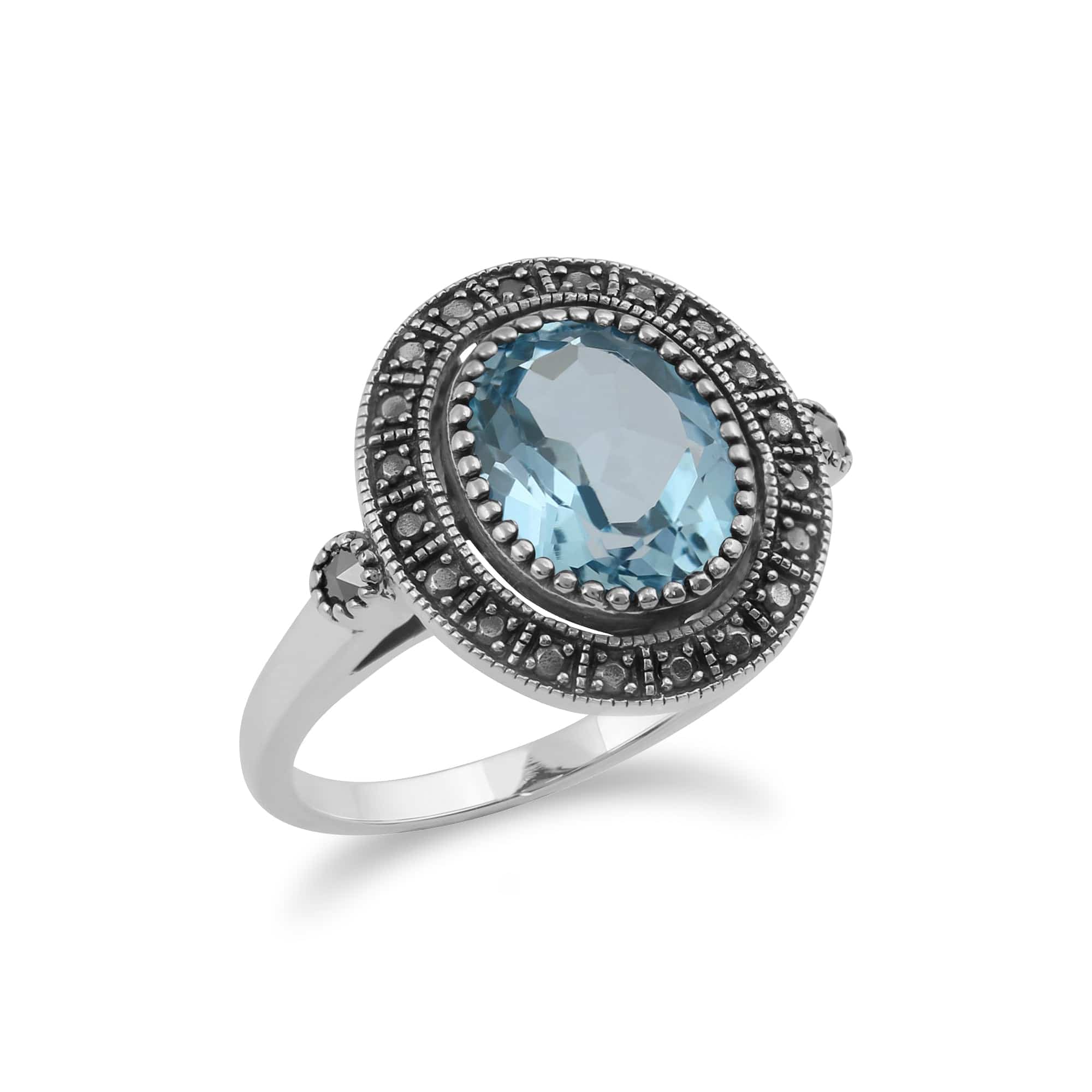 224R029505925 Art Deco Style Oval Blue Topaz & Marcasite Statement Cocktail Ring In Sterling Silver 3