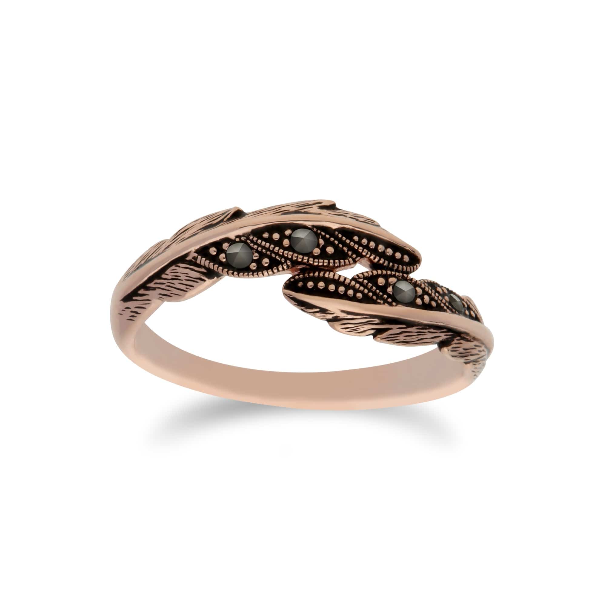 224R033501925 Rose Gold Plated Round Marcasite Feather Wrap Ring in 925 Sterling Silver 1