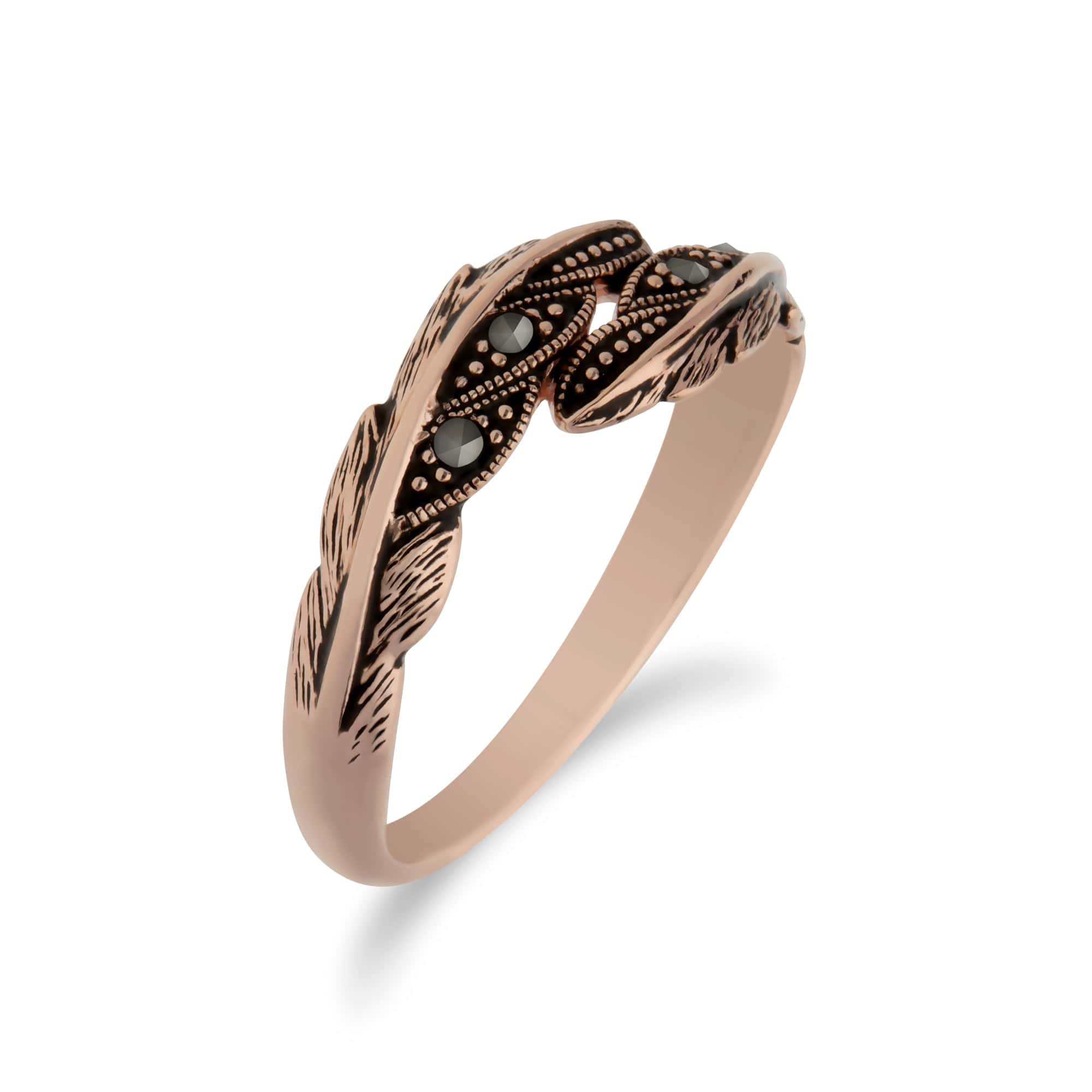 224R033501925 Rose Gold Plated Round Marcasite Feather Wrap Ring in 925 Sterling Silver 2