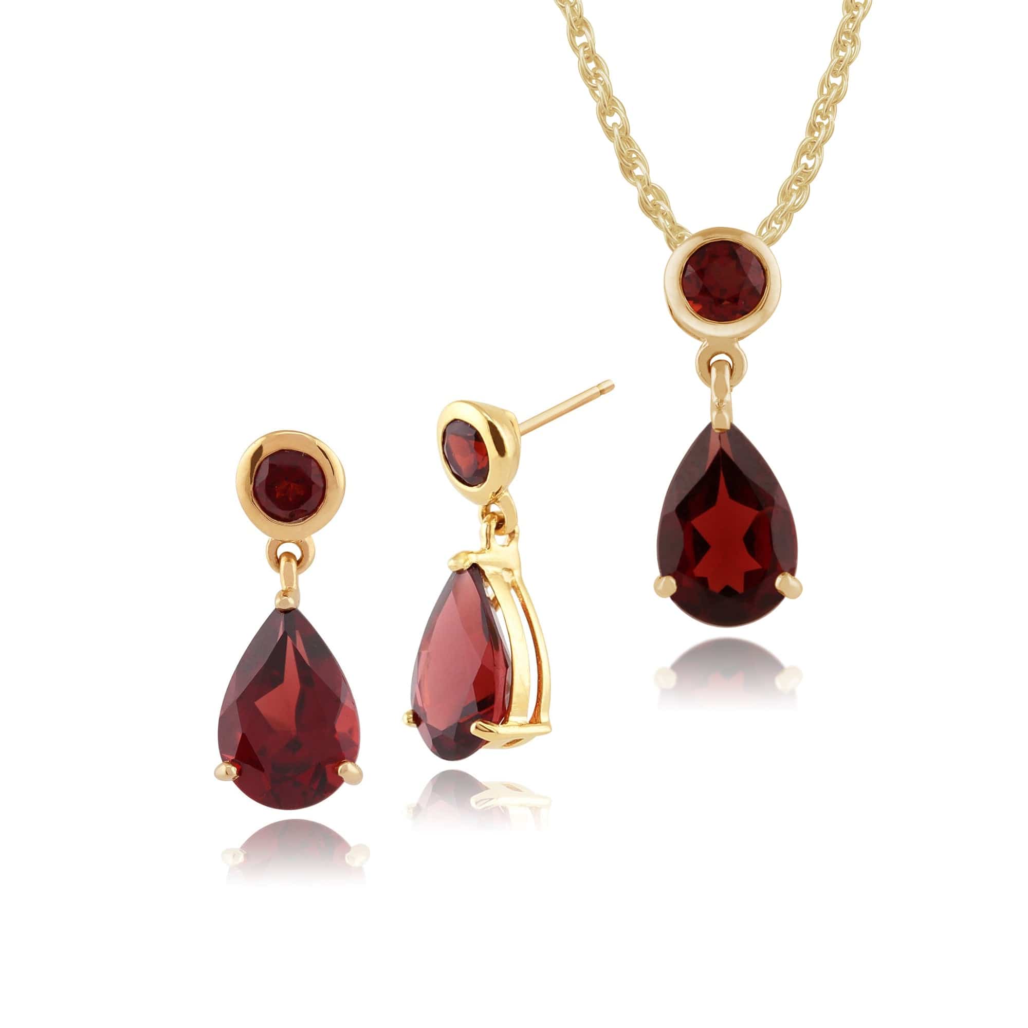 23416-186P0188019 Classic Pear & Round Garnet Drop Earrings & Pendant Set in 9ct Gold 1