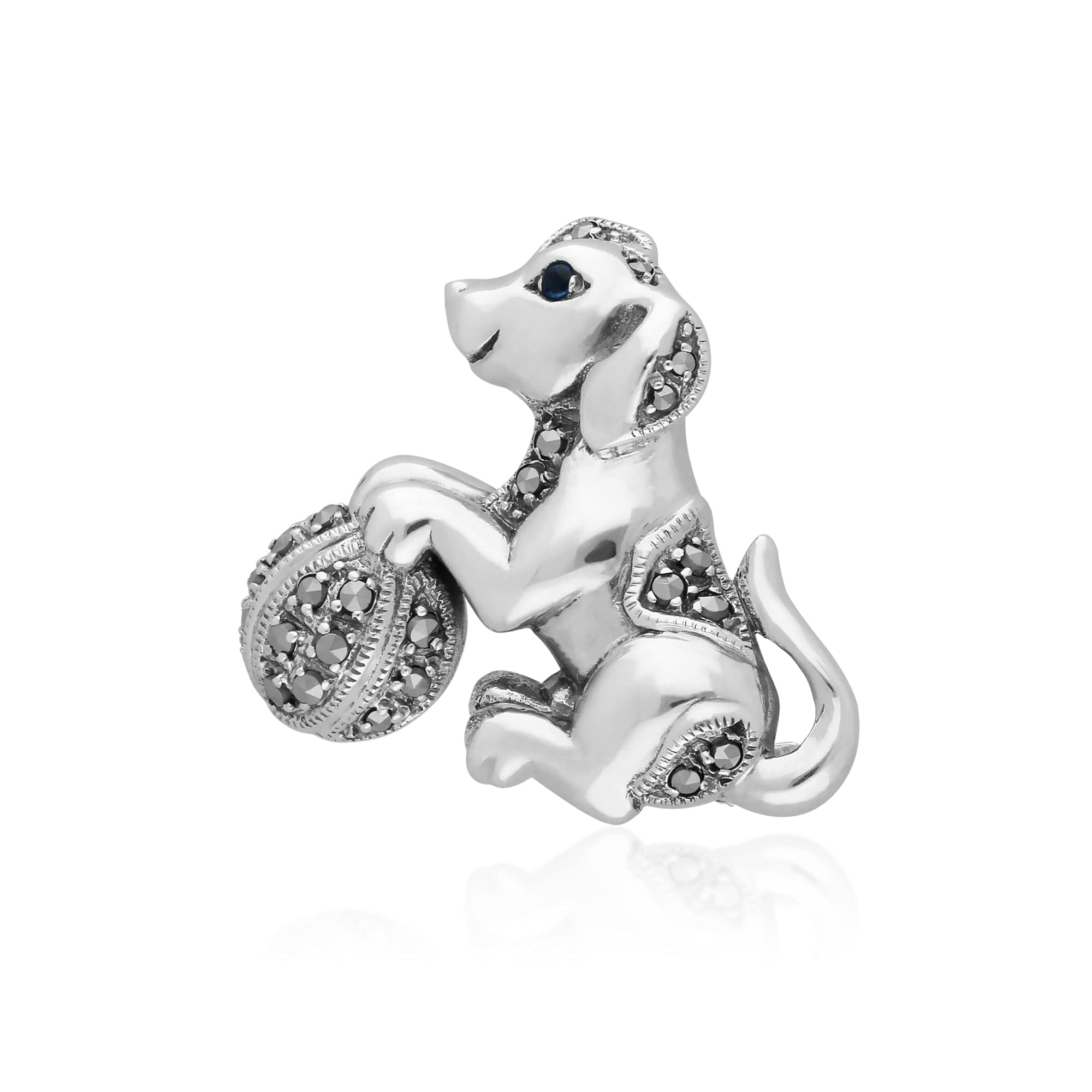 Art Nouveau Round Marcasite & Sapphire Playful Dog Brooch in 925 Sterling Silver - Gemondo