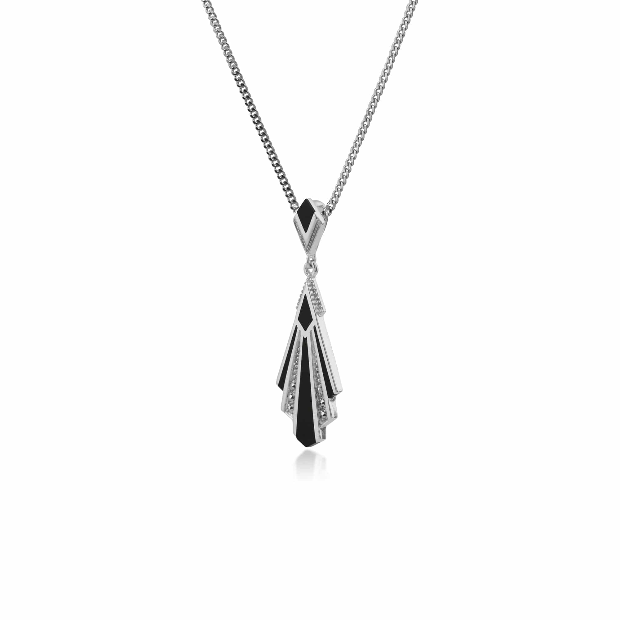 234P018401925 Art Deco Style Triangle Black Onyx & Marcasite Fan Pendant in 925 Sterling Silver 2