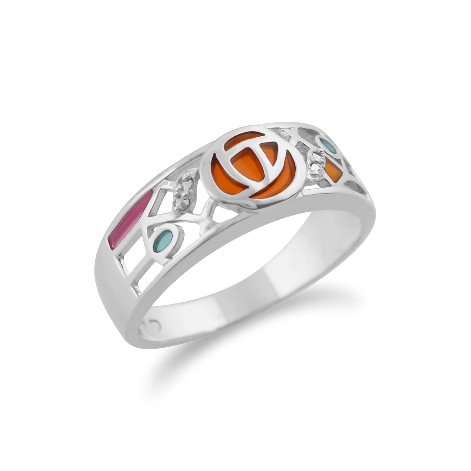 Rennie Mackintosh Round Marcasite & Enamel Glasgow Rose Ring in 925 Sterling Silver - Gemondo