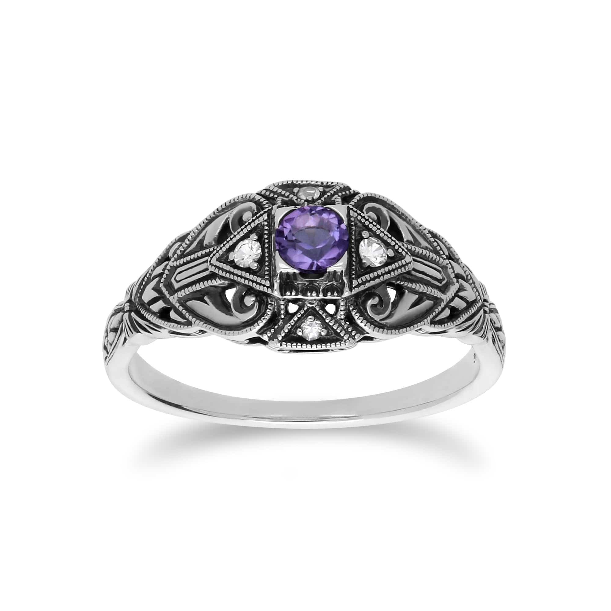 241R210302925 Art Deco Style Round Amethyst & White Topaz  Ring in 925 Sterling Silver 1