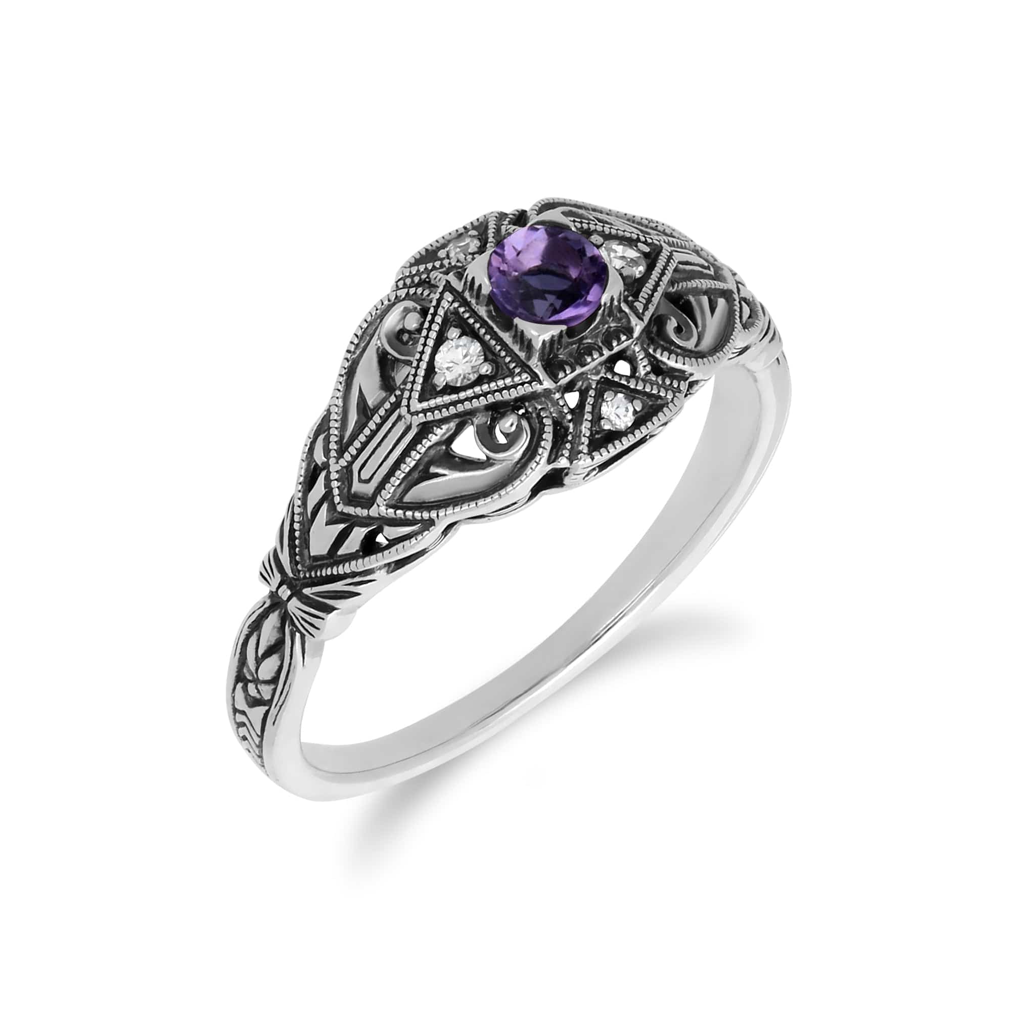 241R210302925 Art Deco Style Round Amethyst & White Topaz  Ring in 925 Sterling Silver 2