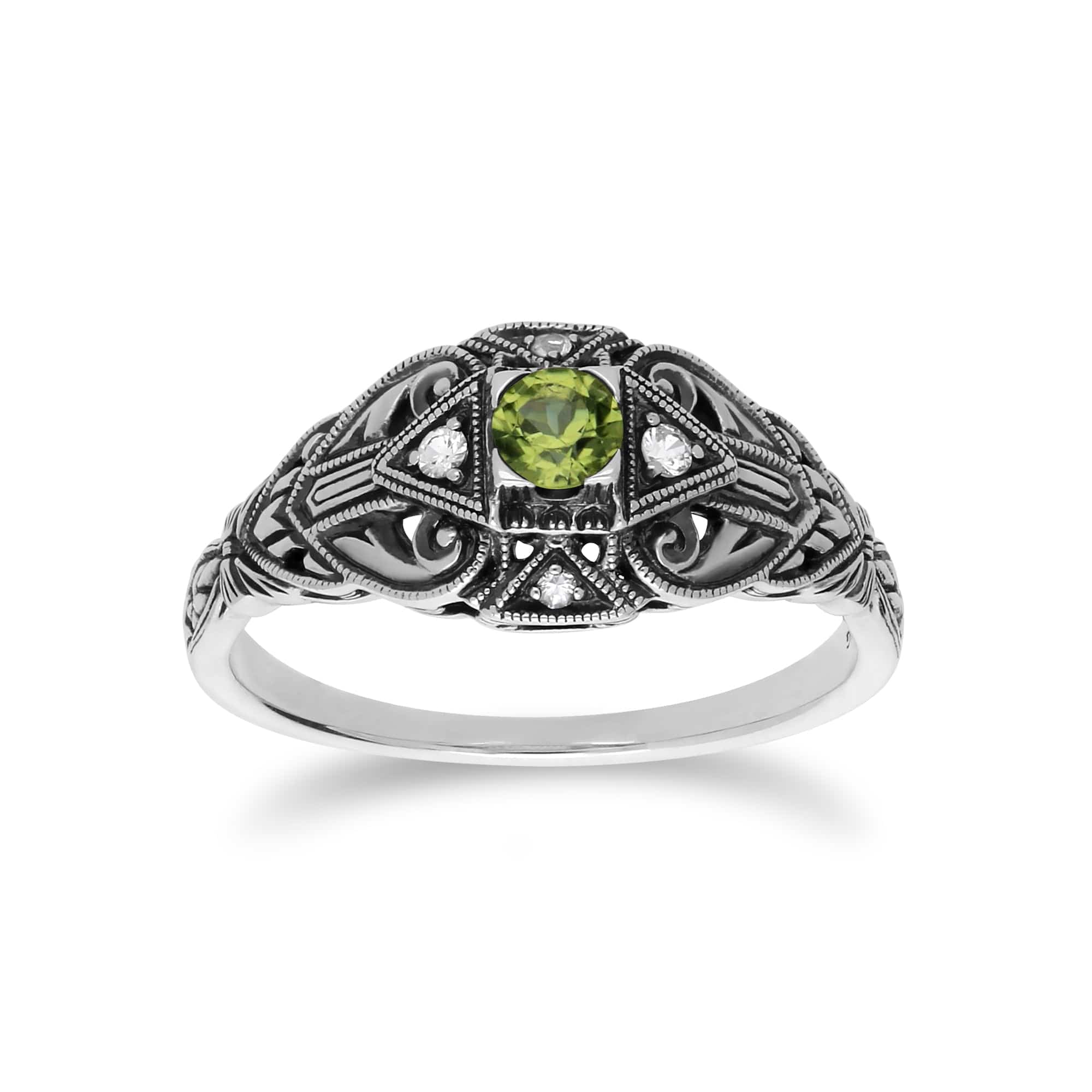 241R210304925 Art Deco Style Round Peridot & White Topaz  Ring in 925 Sterling Silver 1