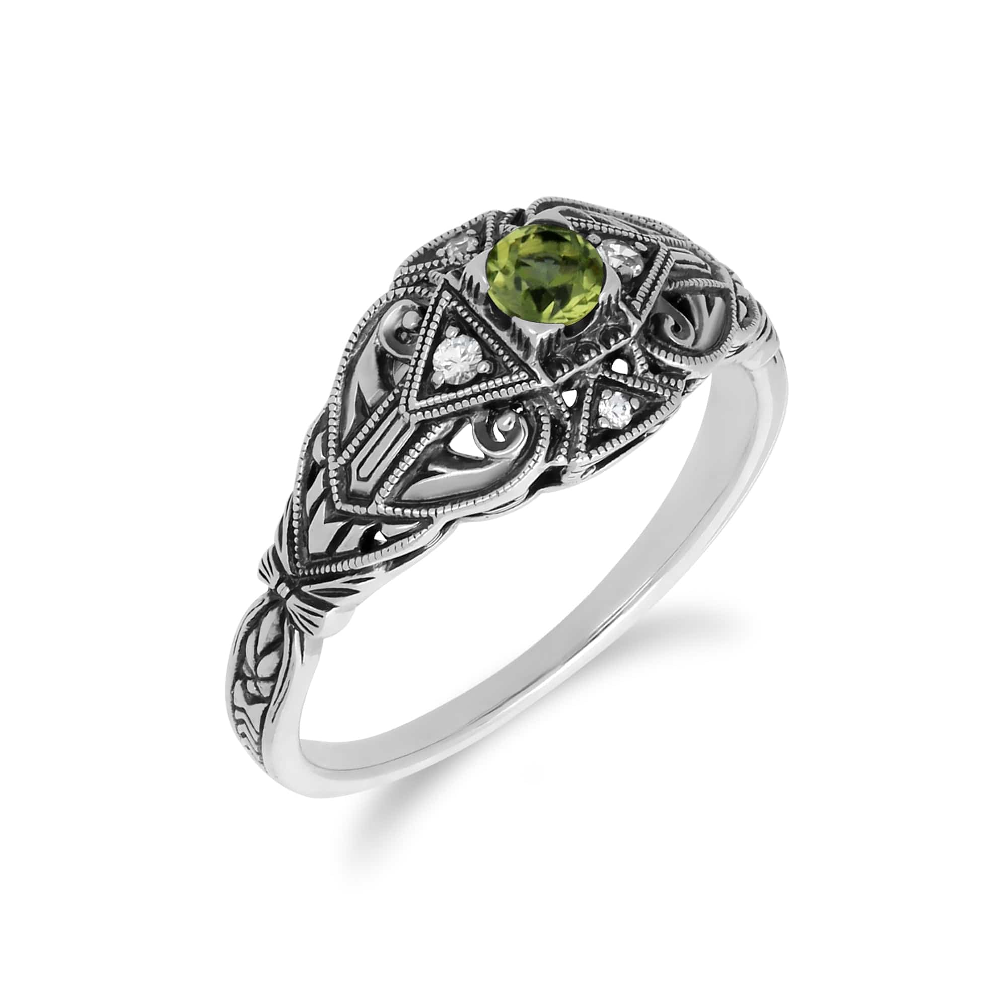 241R210304925 Art Deco Style Round Peridot & White Topaz  Ring in 925 Sterling Silver 2