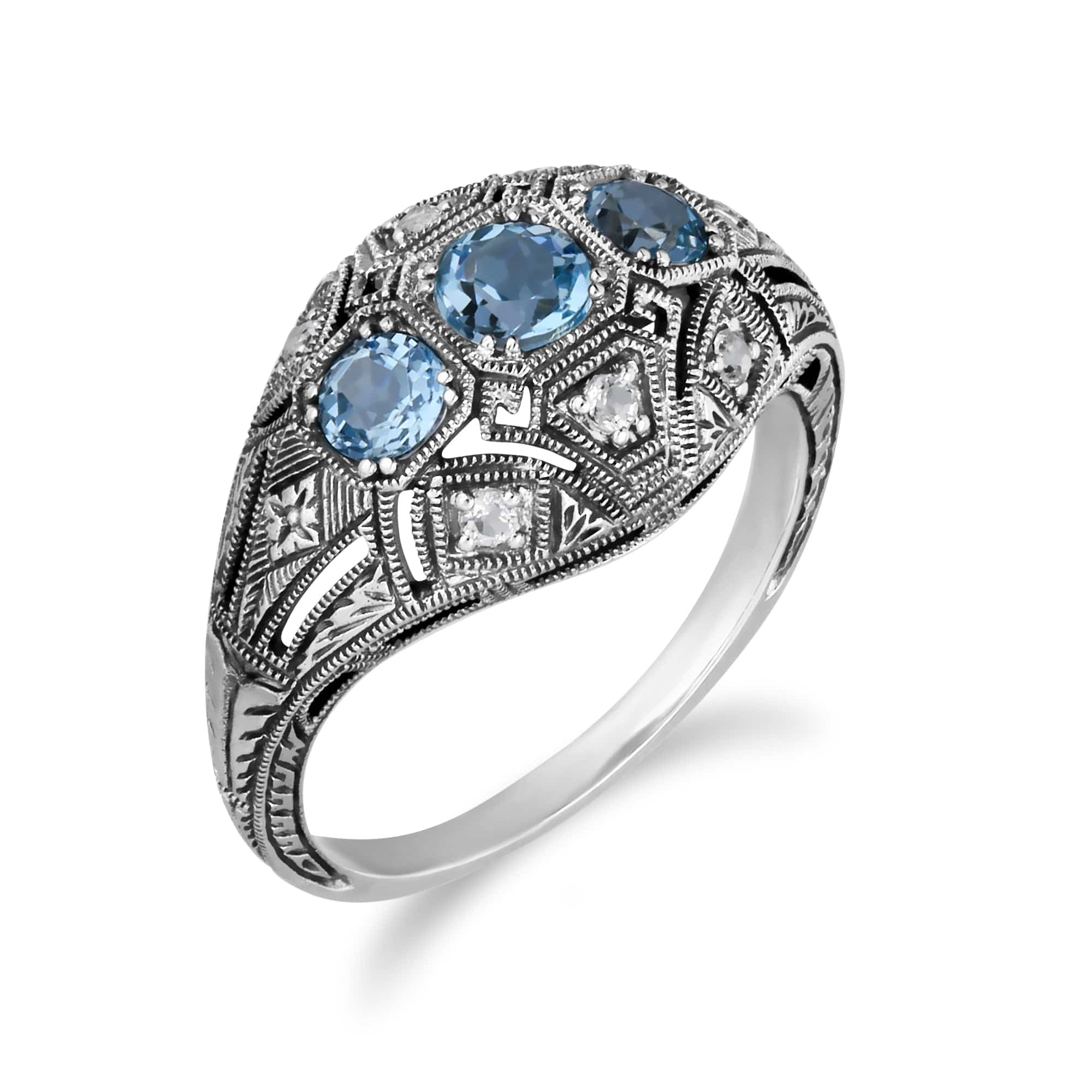 241R210403925 Art Deco Style Round Blue & White Topaz Three Stone Ring in 925 Sterling Silver 2